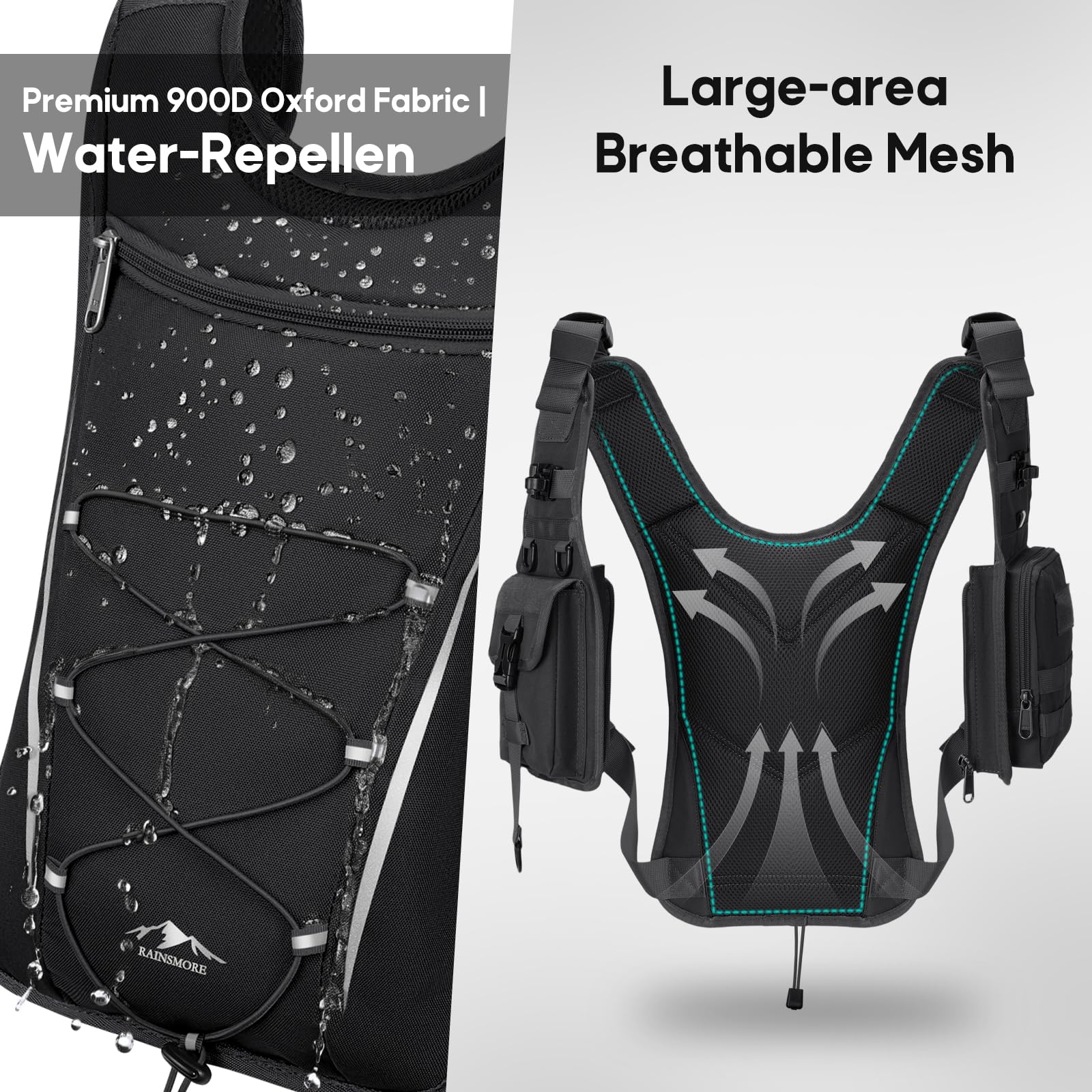 RAINSMORE Laufweste Damen Herren, Trinkweste Laufen mit 2L Trinkblase | Leichtes Atmungsaktives Mesh | Große Handytasche | Reflektoren | Verstellbare Passform Für Trailrunning, Marathon & Radfahren
