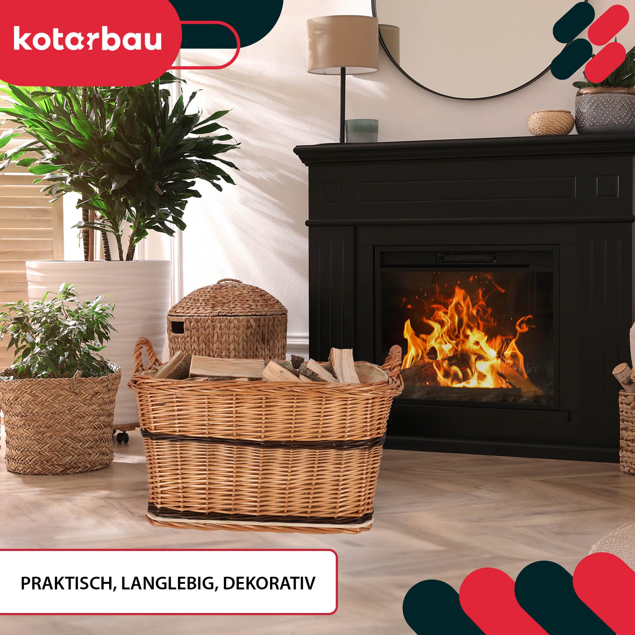 KOTARBAU® Cesto Vimini - Cesta Porta Legna Camino - 55 x 45 cm - Bicolore - Cestino in Vimini con Manico - Cesta Legna - Rustico - Robusto - per Interni