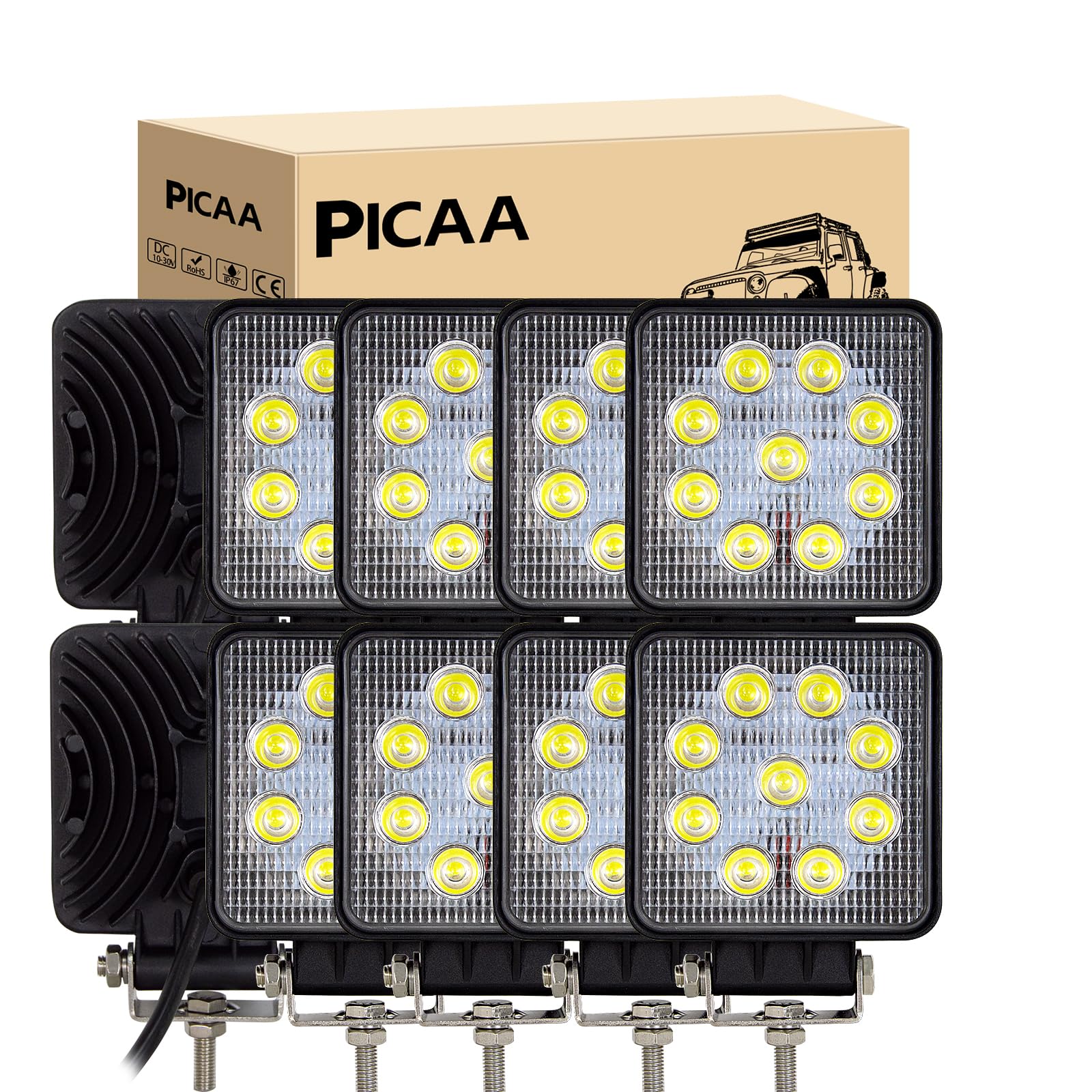 PICAA Reflektor roboczy LED 10 sztuk 4 cale 27 W LED ciągnik punktowy 12V-24V 6000K reflektory LED do ciągników IP68 wodoodporne światło przeciwmgielne samochód, SUV, UTV, ATV, Off-road, ciężarówka
