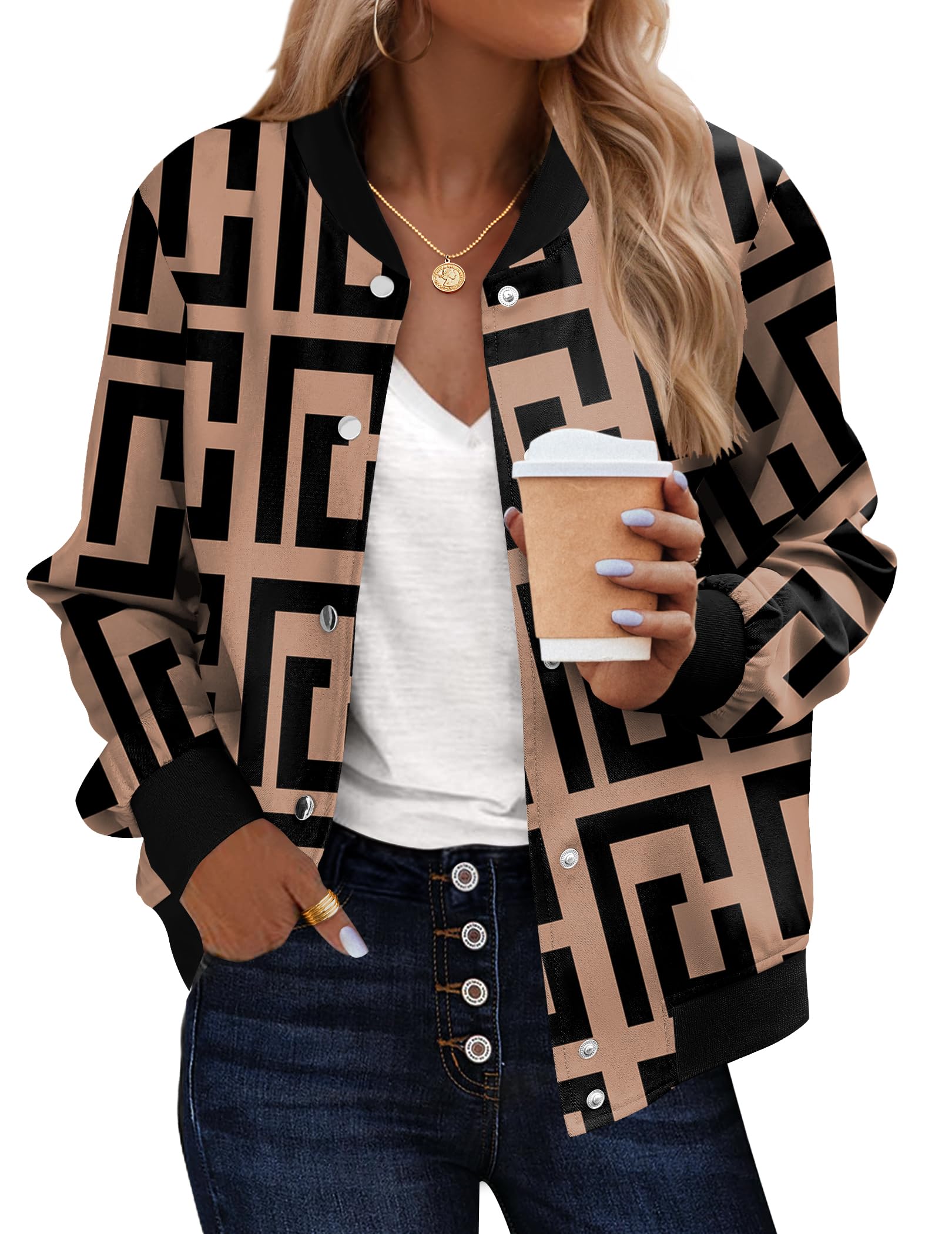 Bomber Jacket Women Varsity Casual Button Down Lightweight 2026 Spring Fashion Short School Outfits with Pockets, Geometric, Medium-image-22