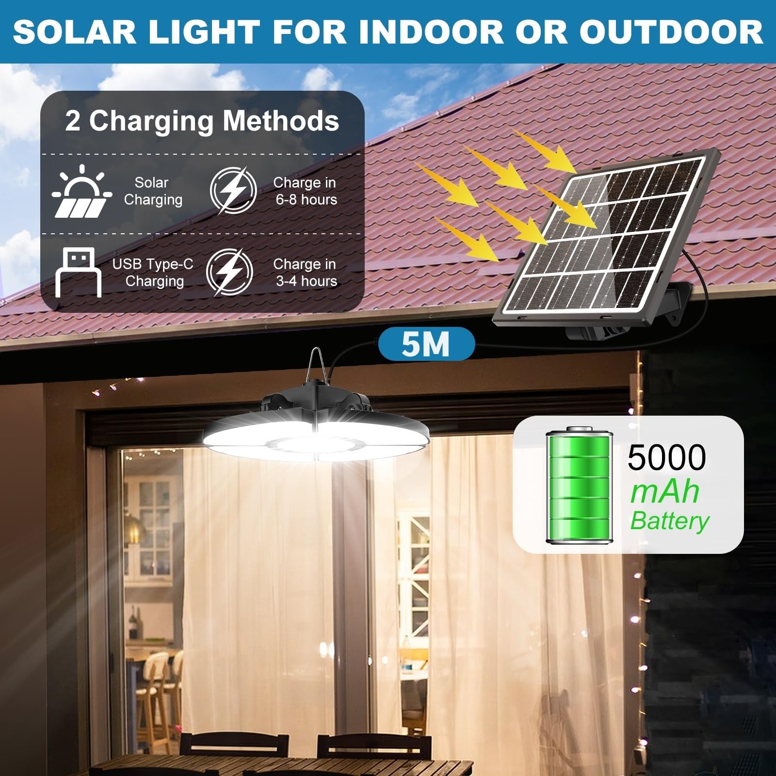 MEIHUA Lampada a Sospensione Solare 2500K 4000K 6500K 5 Modalità 5000MAH Faretto Solare con Sensore di Movimento con Telecomando Luci Solari per Padiglione Terrazzato Garage