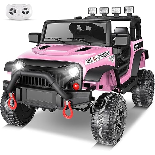 Hikole Kids Ride on Car Truck with Remote Control, 12V Electric Car for Kids, Battery Powered Cars w/Safety Belt,3 Speeds, Spring Suspension, Pink Jeeps Car for Girls