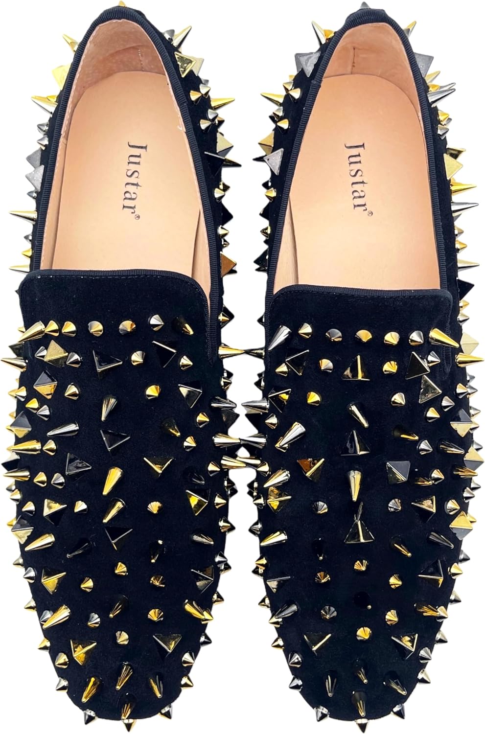 Justar Men's Leather Spikes Loafers Studded Dress Shoes Slip-on Flats Long Rivet Party Shoes - Image 3