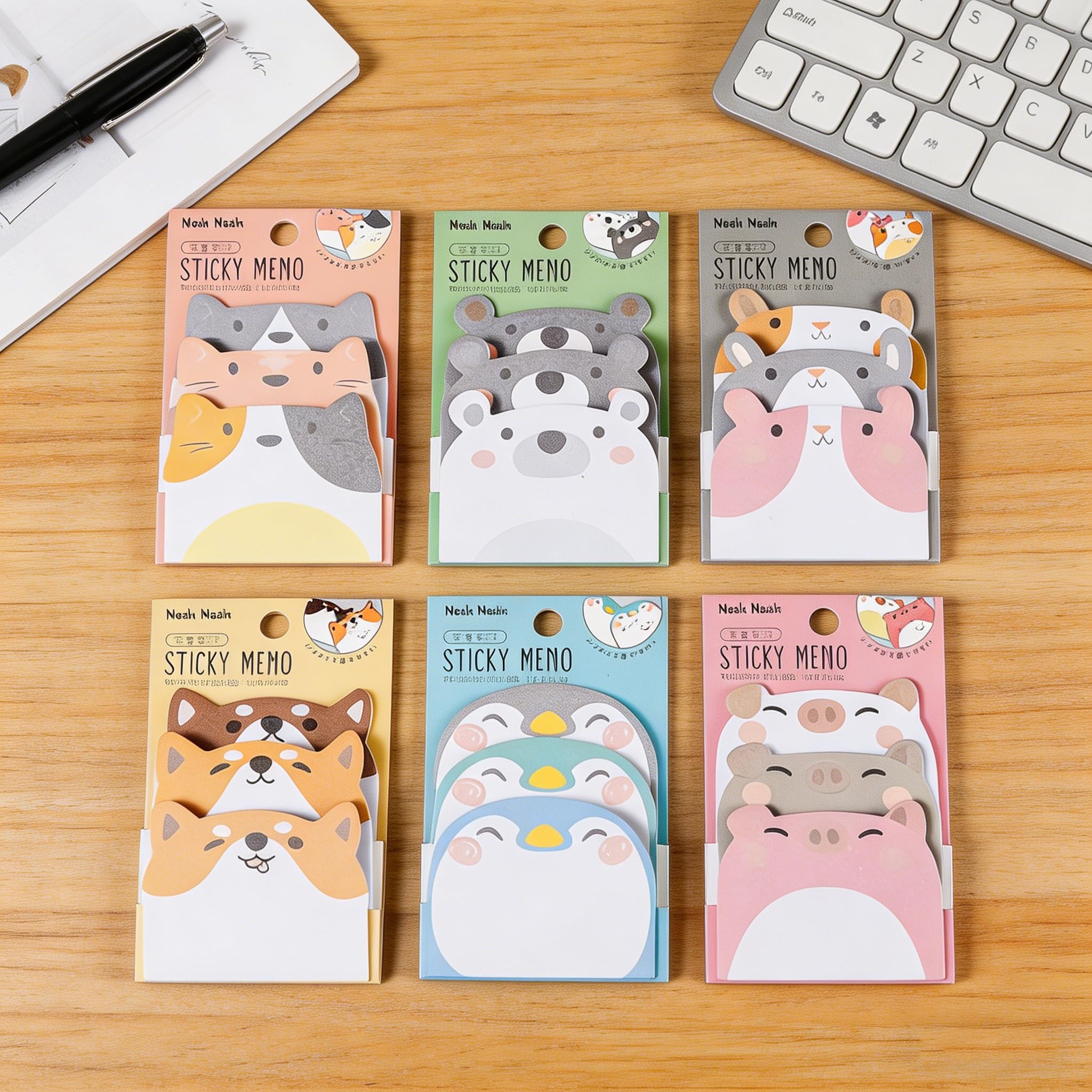 Cute Animal Shaped Sticky Notes Set,270 Sheets Self-Adhesive Memo Pads,6 Pack,Premium Wood Pulp Paper,Cartoon Kawaii Animal Designs,for School Home Office Party Bag Fillers Stationery Gifts for Kids