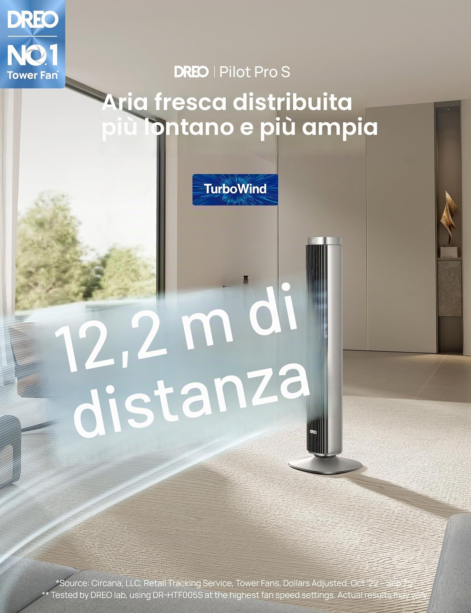 Dreo Fan Pilot Pro Tower con telecomando, 25 DB Quiet DC Portable Bladeless Fan an, 90°, timer 12H, 9 velocità, 4 modalità, display LED con controllo touch, fan del pavimento per Bedroom Home Office