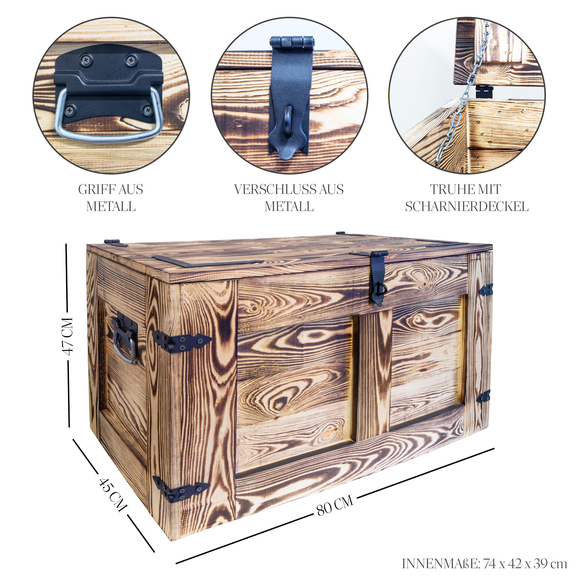 Kistenkolli Altes Land grosse Truhe Aufbewahrungskiste Oskar Ablagekiste Holzkiste Schatztruhe Wohnzimmertisch Kommode aus Holz Maße cm 80x45x47cm L x T x H (geflammt)