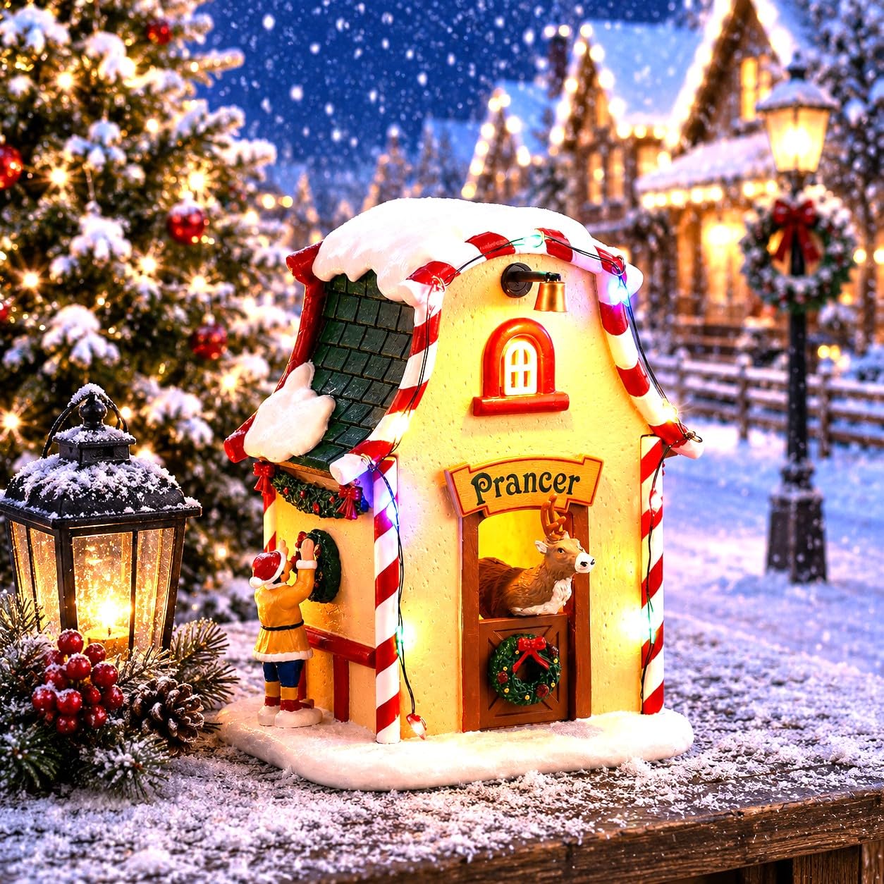 LEMAX Prancer's Den Tanière à Rennes avec lumières LED Prancer's Den en résine H12,5 x 9,6 x 8,5 cm