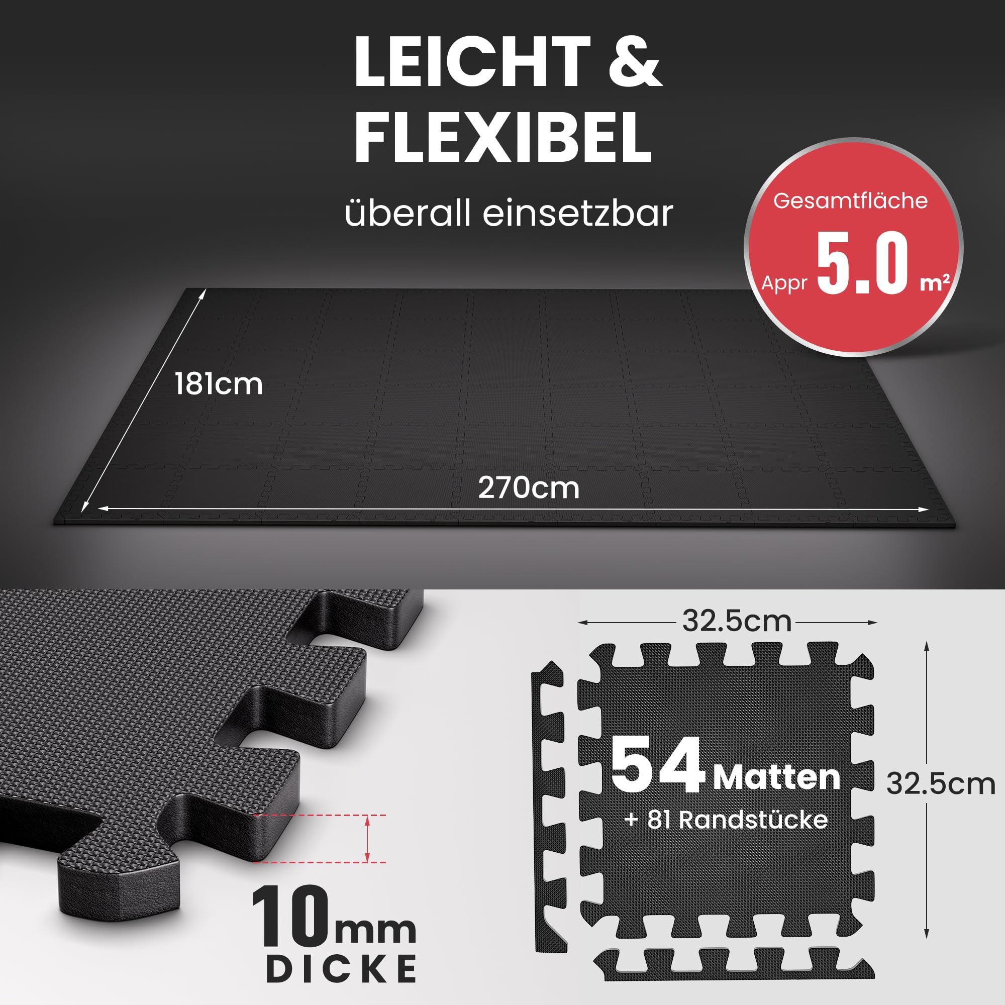 Ultrasport Bodenschutzmatte Trainingsmatte - 18 oder 54 Stücke - Extra Dicke Bodenmatte mit 20% mehr Schutz rutschfeste Schutzmatten Fitness, Fitnessmatte, Puzzlematte Boden, Gym Matte Sport