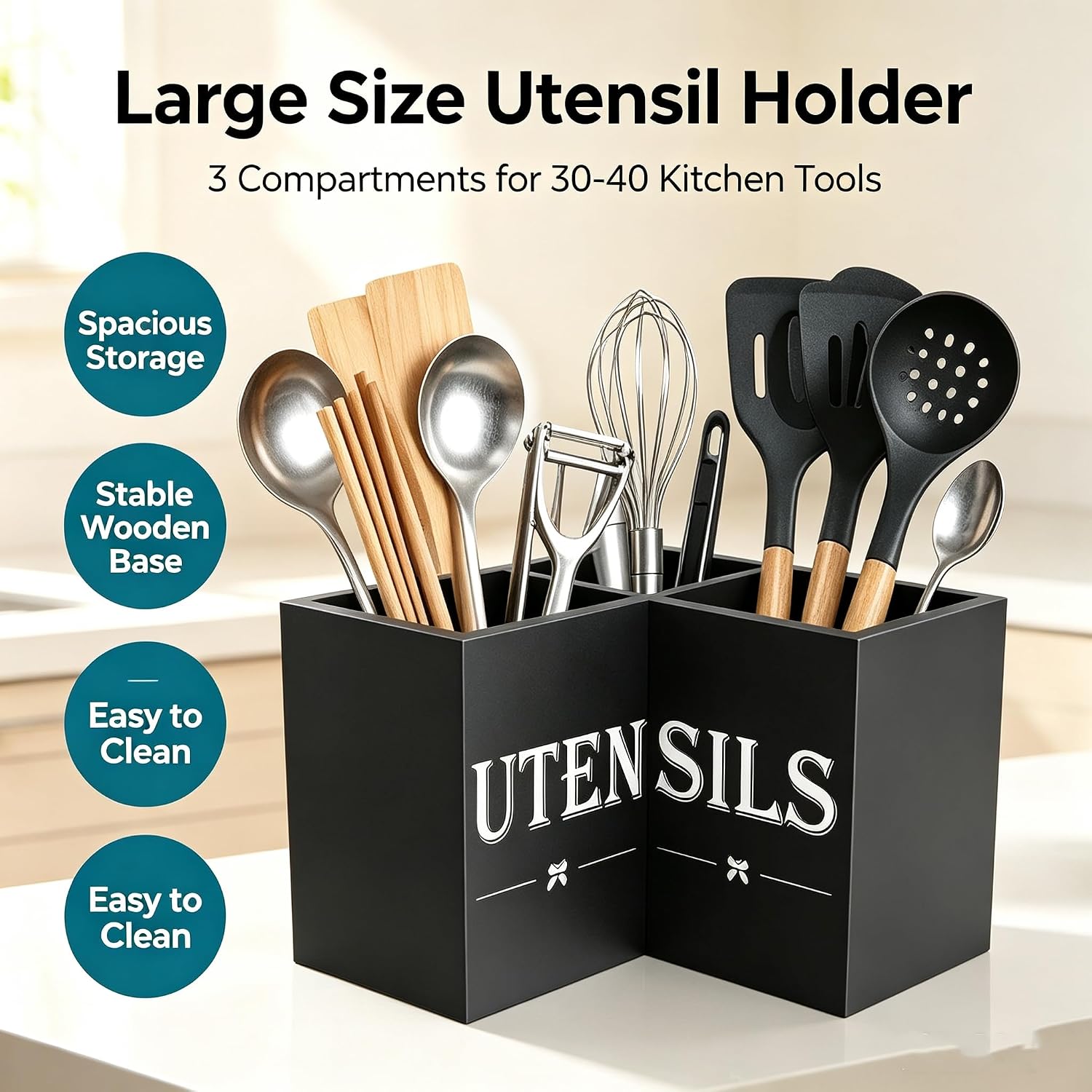Extra Large Corner Kitchen Utensil Holder with 3 Compartments, Wooden Utensil Caddy for Countertop, Farmhouse Kitchen Organizer, Black, 9.45×9.45×6.3 Inches（BLACK）