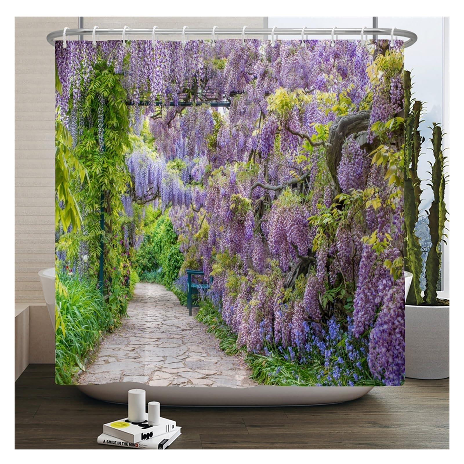 Cortina De Ducha Cortinas de Ducha Impermeables con Paisaje de Flores, Cortinas de baño de Flores de Calle Rural, Tela de poliéster, decoración Lavable, Cortinas de baño(JK3077,W300xH180cm)