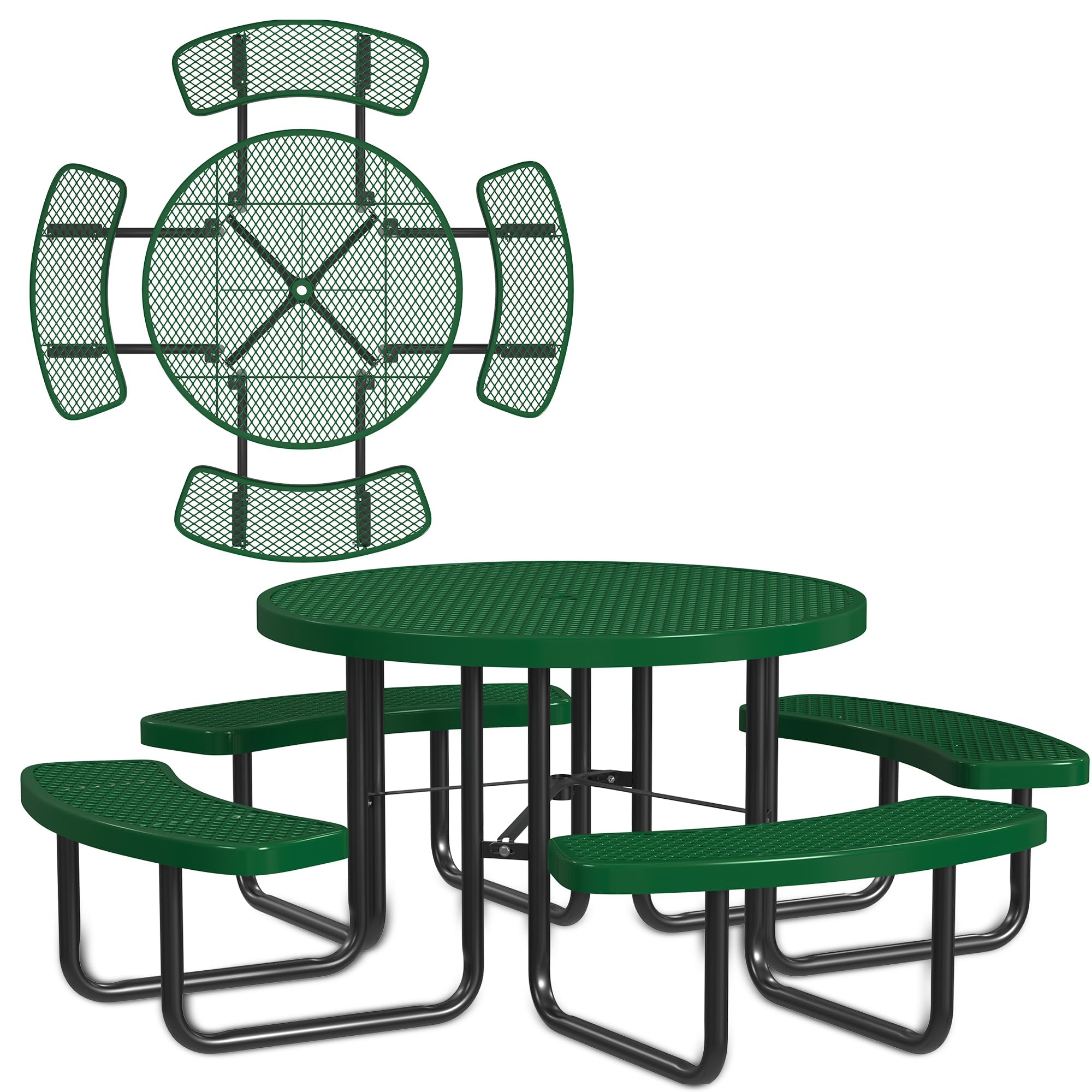 Leisure Craft Metal Picnic Table with Bench - 46" Round Outdoor Dining Table for 8 with Umbrella Hole, Weatherproof Heavy Duty Thermoplastic Coating,