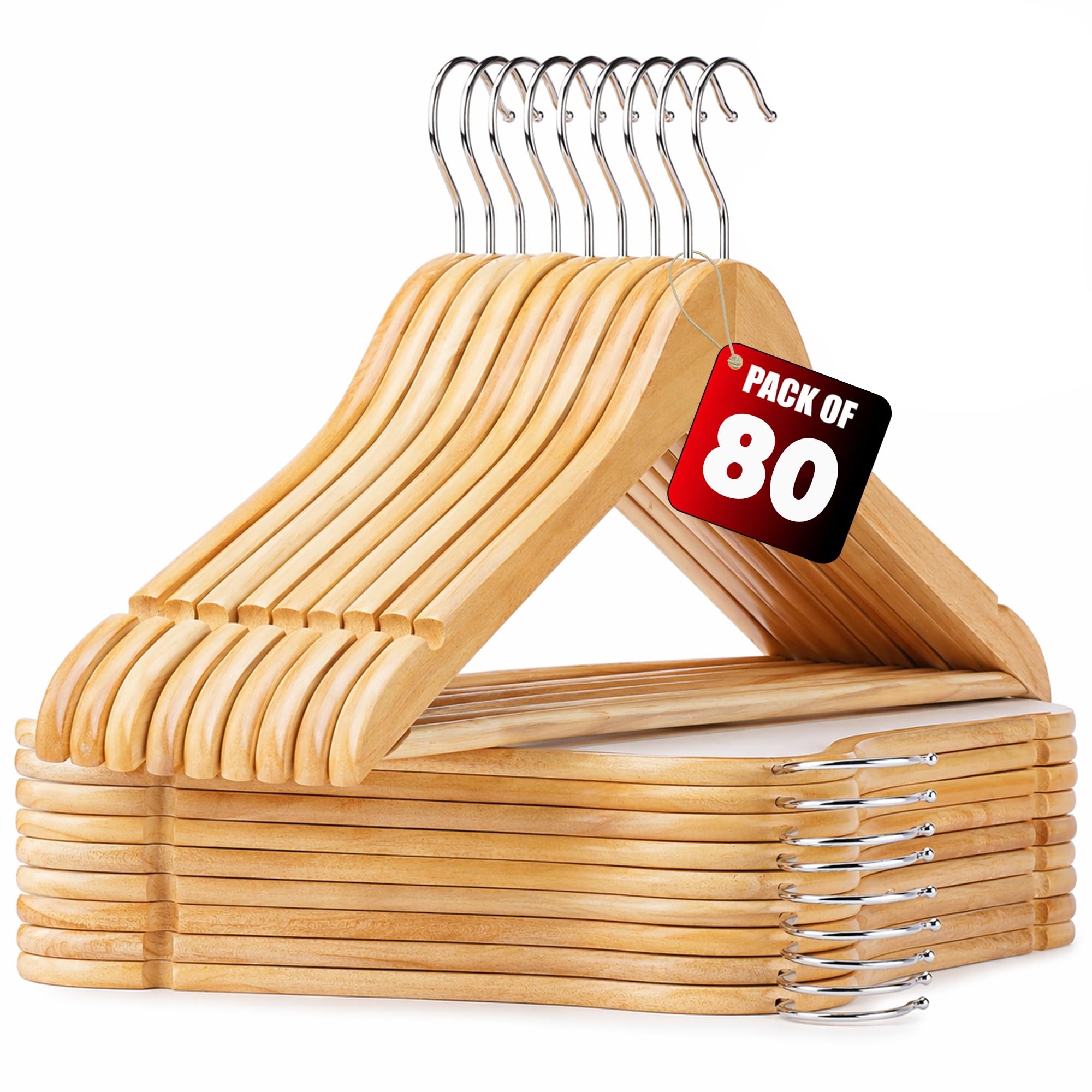 Meown Wooden Coat Hangers – 80 Pack, Natural Wood Clothes Hangers with 360° Swivel Hook, Non-Slip Bar, Shoulder Notches – Durable, Slim Hanger Set for Shirts, Coats & Suits