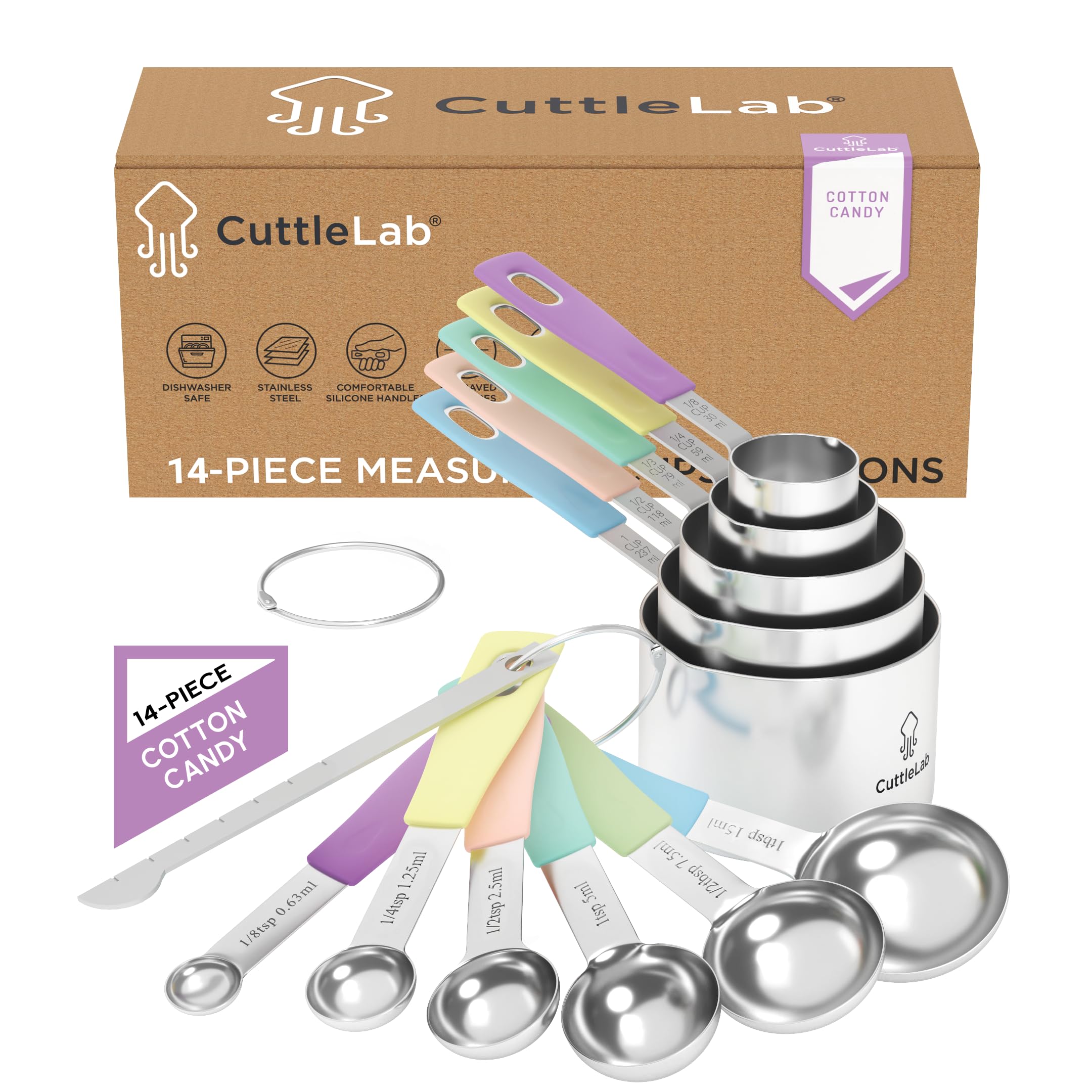 CuttleLab Juego de 14 tazas medidoras y cucharas medidoras de acero inoxidable, incluye 1/8 cucharadita de cucharadita, 1/8 taza de medición, nivelador seco (14, algodón de azúcar)