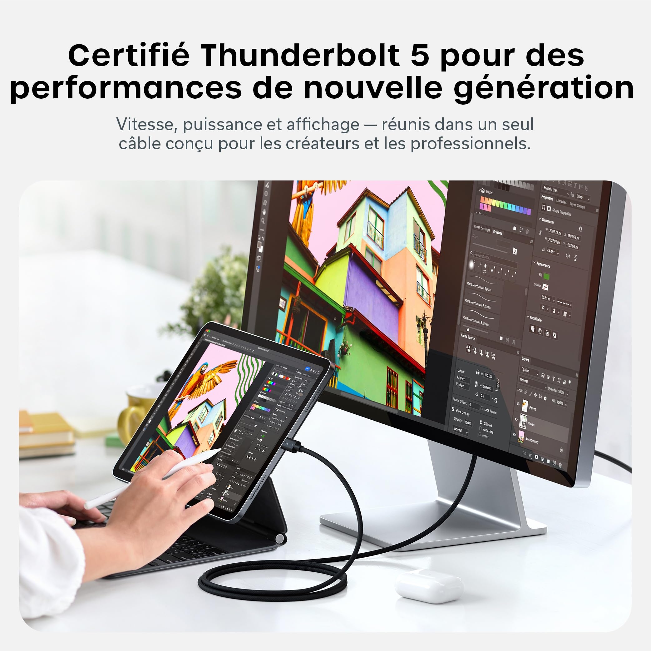 Satechi Câble Thunderbolt 5 Certifié 240W, Données 120Gbps, Double 8K@60Hz, Triple 4K@144Hz, Câble Tressé Thunderbolt 5/4/3 USB-C pour MacBook Air/Pro/Neo, iPhone, PC Portable et Plus