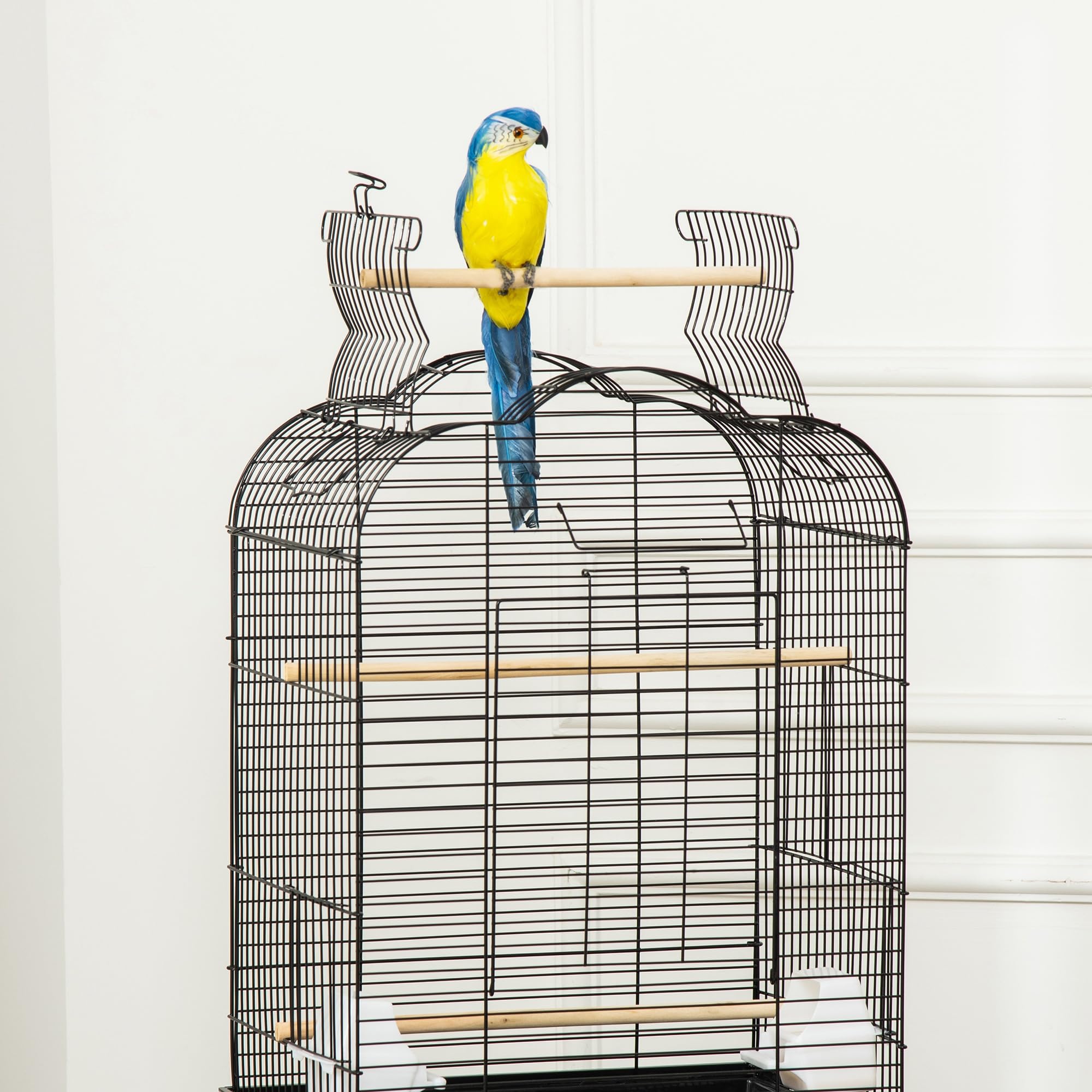 PawHut Gabbia per Uccelli con 3 Posatoi, 2 Ciotole e 2 Porte Laterali, Gabbia per Animali in Acciaio, PP e Legno, 46x36x130 cm, Nera
