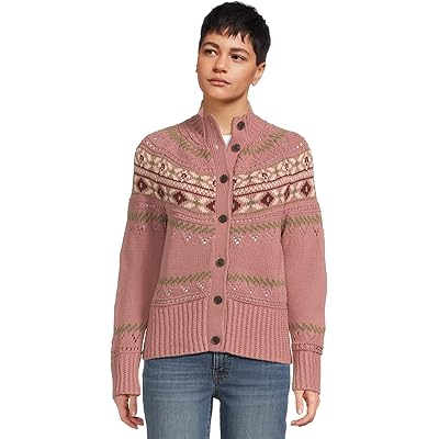 L.L.Bean Signature Cotton Fisherman Button Front Cardigan Sweater washed orchid fair isle