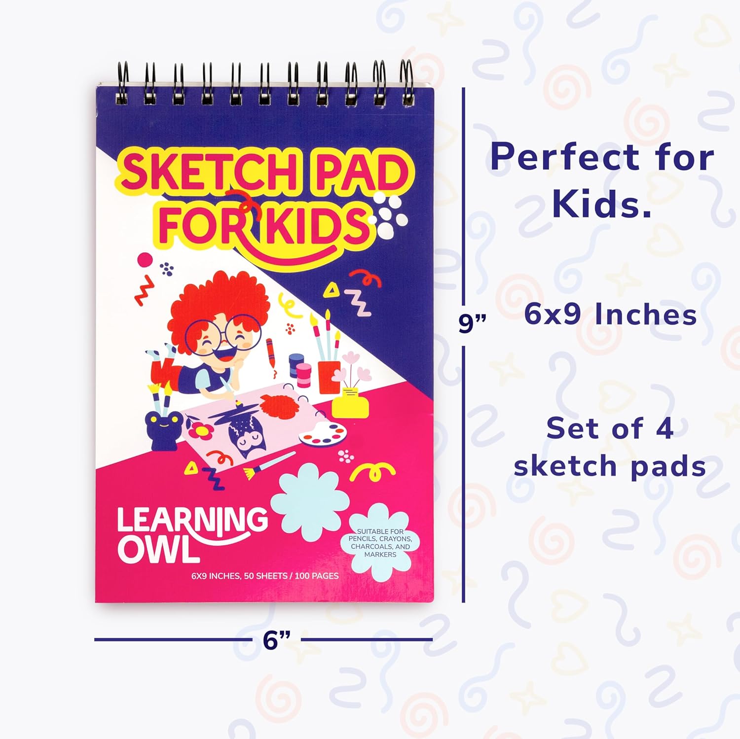 Learning Owl Sketch Pads for Kids, 6x9 inch, 100 Pages, 4 Pack Children Drawing Pads, Spiral Bound Sketch Books, Blank Art Pads for Drawing and Coloring, Doodle Paper Pads