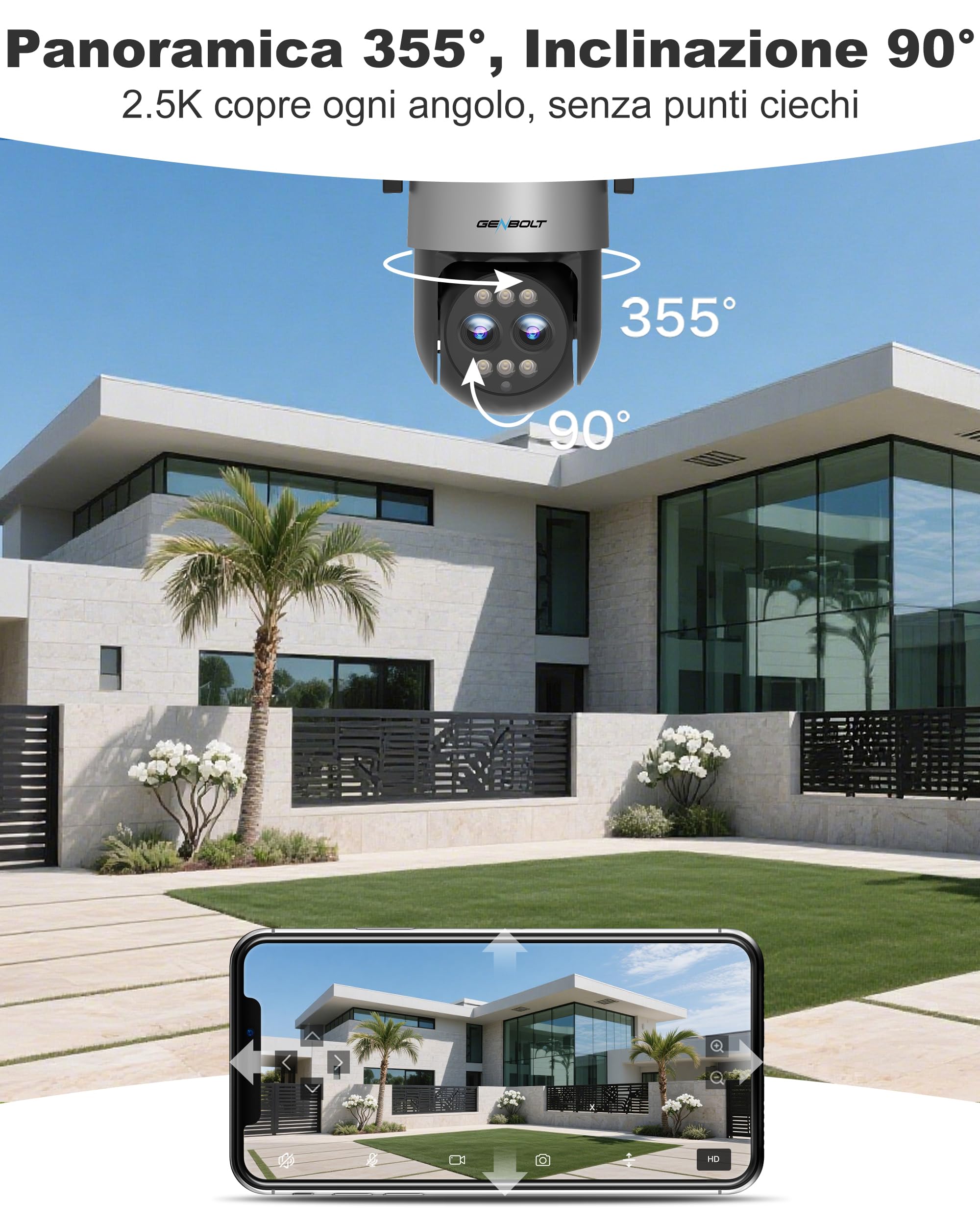 GENBOLT Telecamera Wi-Fi Esterni, Doppia Lente 2.5K Telecamera CCTV IP | Zoom ibrido 10X,Registrazione Continua 24/7,PTZ,Intelligente Automatico,Rilevamento Persone,Notturna Colori,IP66[DC&POE]