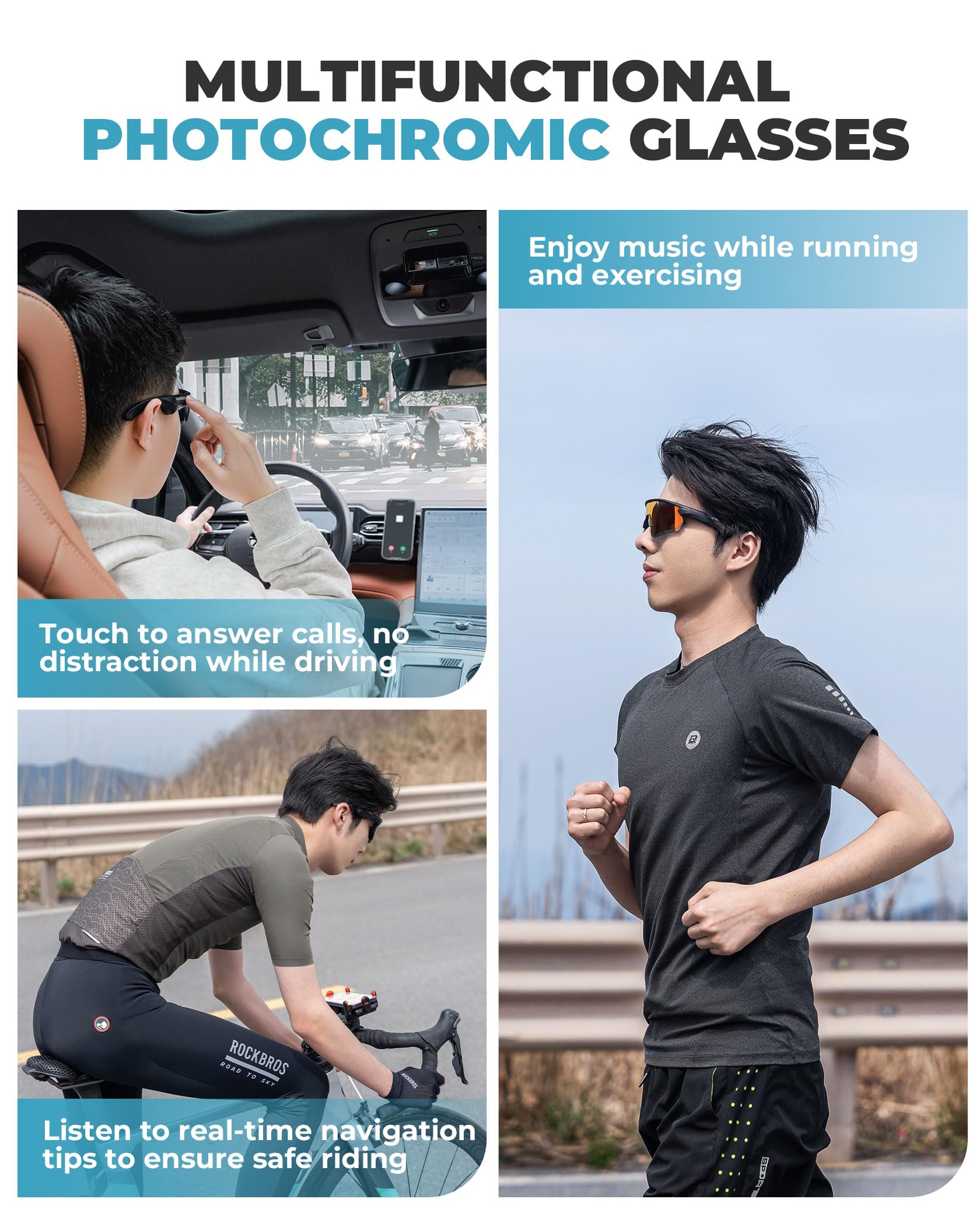 ROCKBROS Occhiali Intelligenti Bluetooth Bici, Occhiali da Sole con Apparecchi Acustici con Lenti Fotocromatiche Smart Glasses UV400 Open Ear Uomo Donna, per Bicicletta Corsa Guidare, Nero