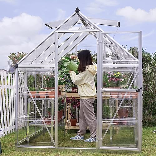 Miniatura 2 de VanAcc Invernadero híbrido de policarbonato de 6 x 8 pies, 2 ventanas de ventilación con puerta con bisagras con cerradura, invernadero para