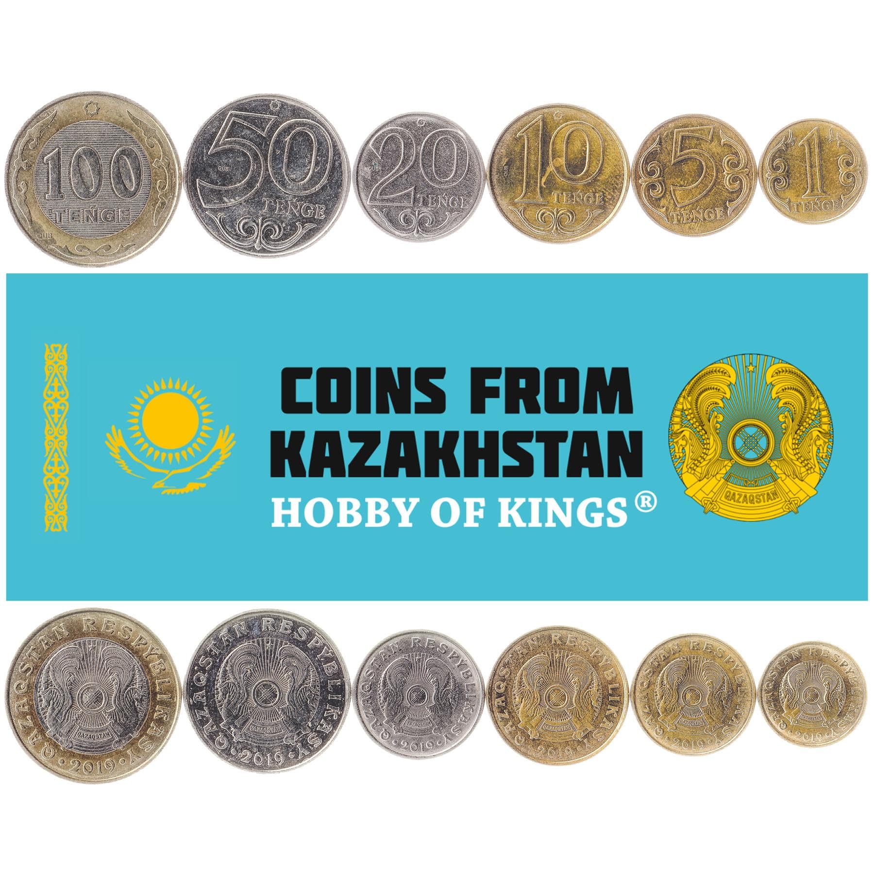 Juego de 7 monedas de Kazajstán | Colección de juegos de monedas Tenge de 1, 5, 10, 20, 50, 100, 200, 100, 200 | Magnético | Latino | Circulado 2019-2023