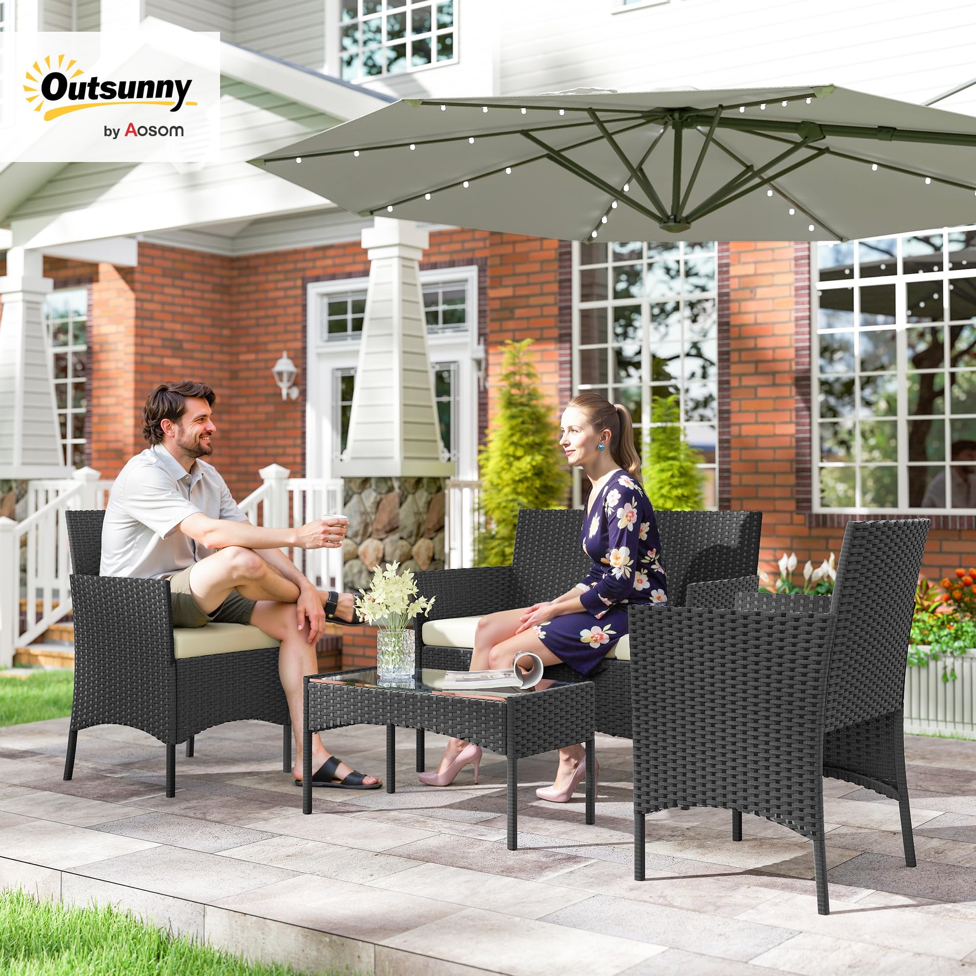 Outsunny 4 Seater Rattan Garden Furniture Set, 4 Piece Garden Sofa Set with Loveseat, Armchairs, Glass-Top Coffee Table, Cushions, Wicker Outdoor Furniture for Conservatory Patio, Cream White — view 2
