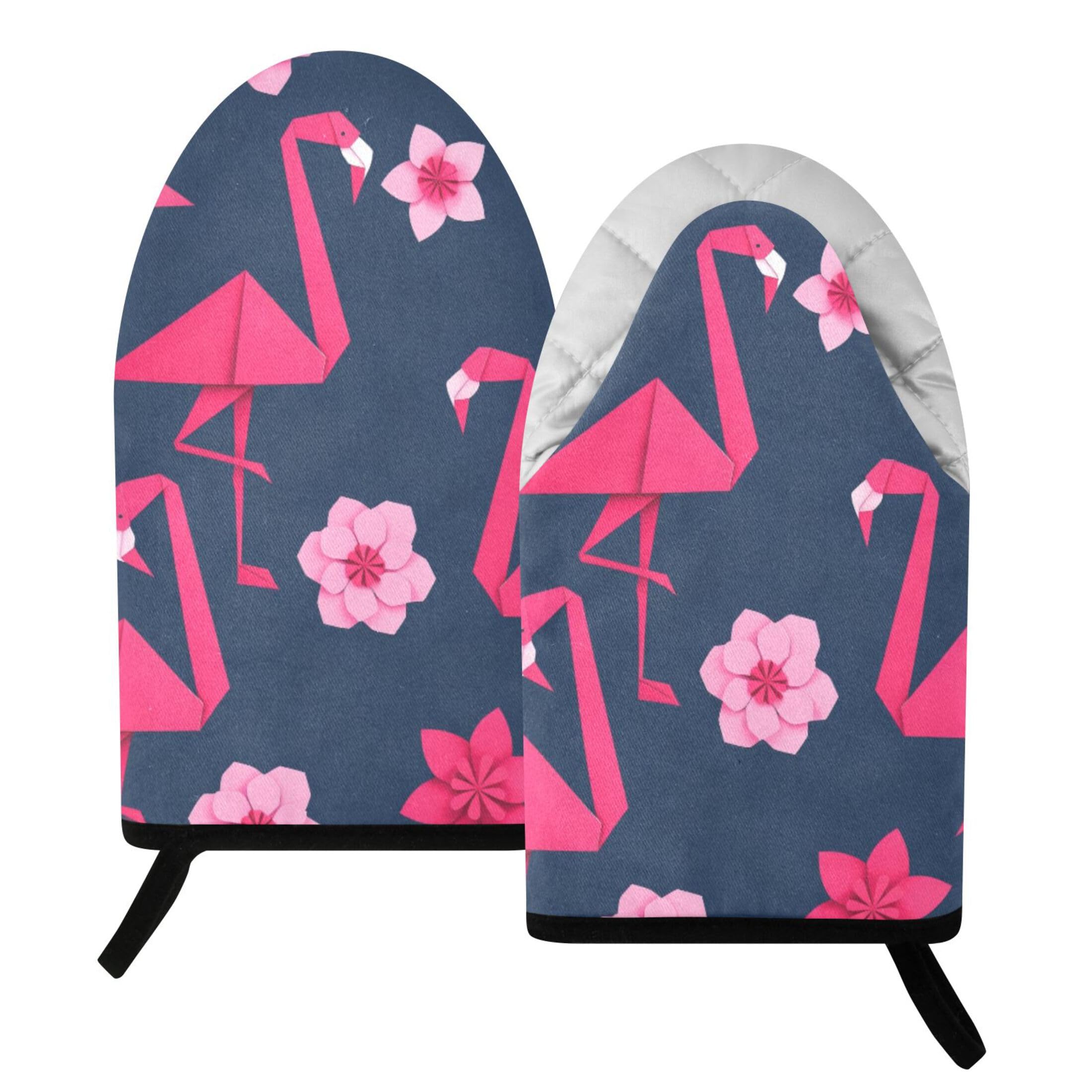 Fuauuyl Oven Mitts Heat Resistant Kitchen Gloves, Flamingo Tropical Flowers Classic Oven Gloves with Hanging Loop for Baking BBQ Cooking Grilling, 1 Pair, 9.5 in