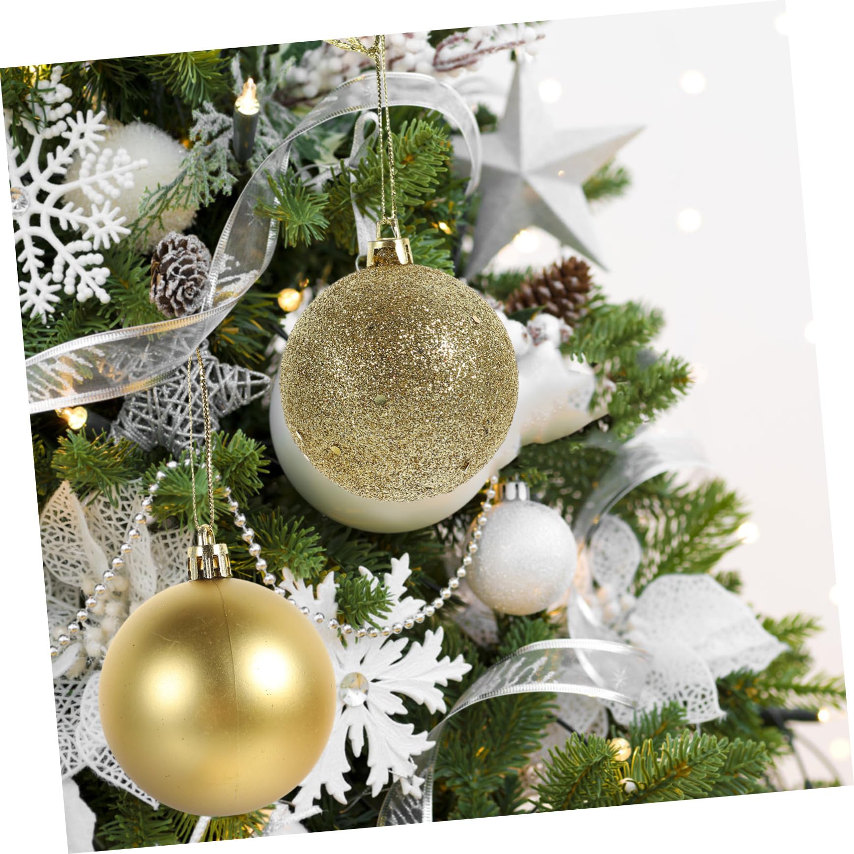 Ipetboom Caja 100 Bolas Navideñas Colgantes de Plástico Dorado para Adorno del Árbol de Navidad, Accesorios Creativos para Fiestas y Escenas Festivas