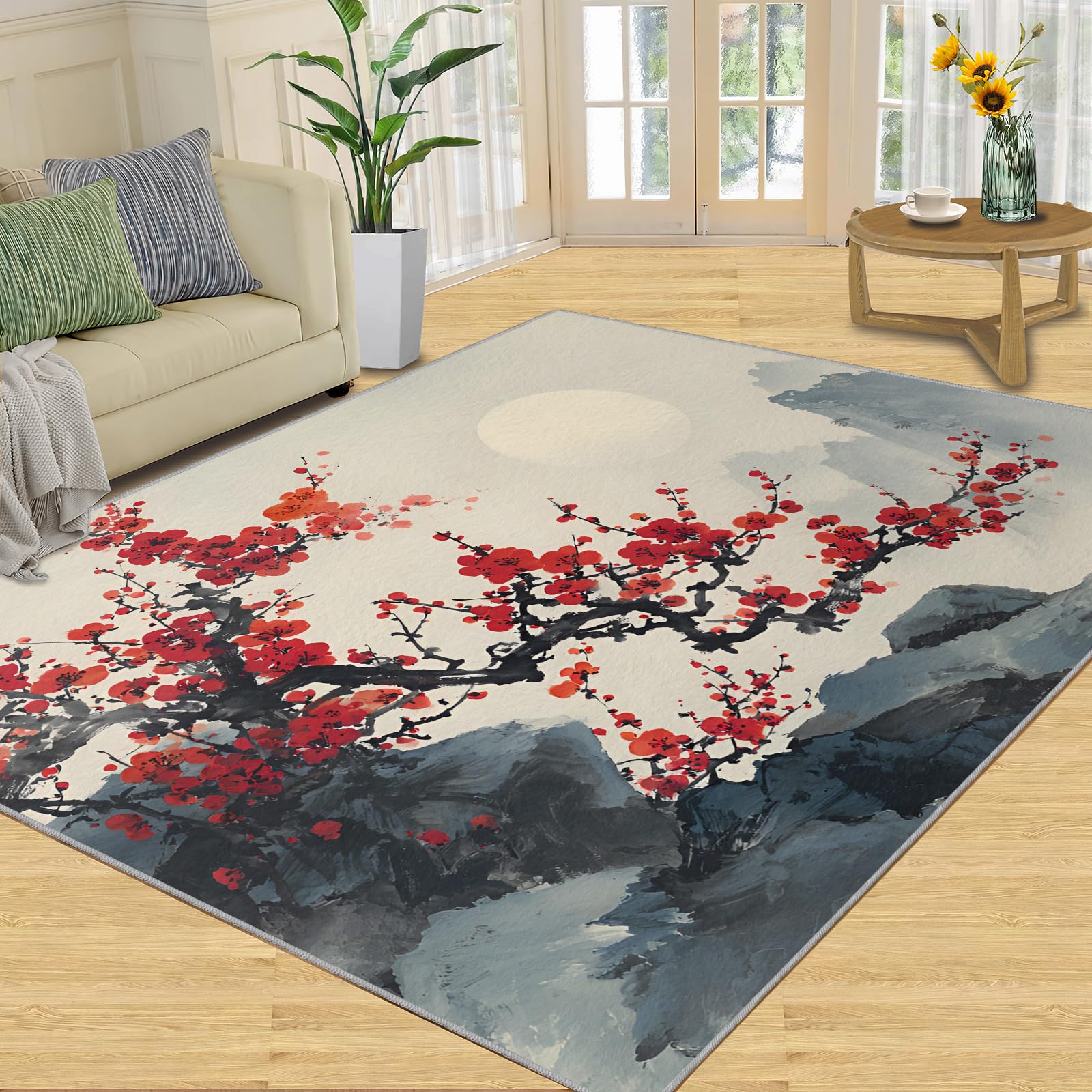 Générique Tapis Japonais Lavable Motif Floral Japonais Doux antidérapant pour Salon, Chambre à Coucher, Salle à Manger, Cuisine - 120 x 180 cm