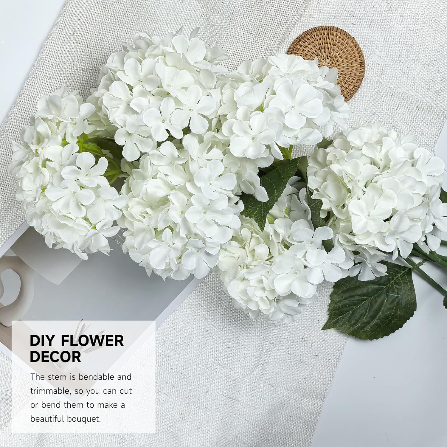 6 PCS Artificial Hydrangea Flowers, Faux Silk Hydrangea with Long Stems, Home Wedding Decor, Table Centerpieces, Party Decorations(White) - Image 5