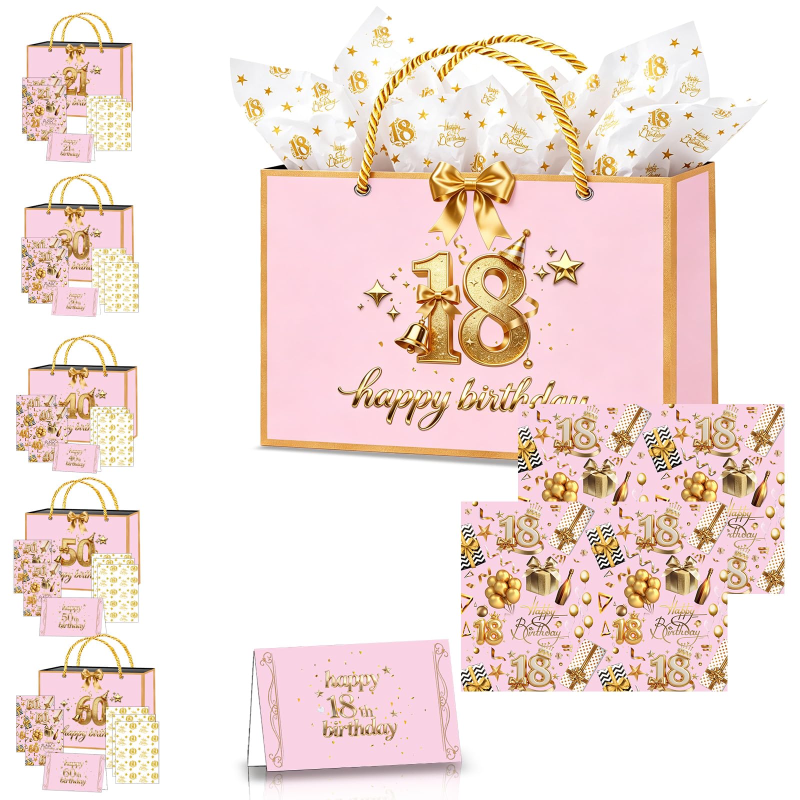 18th Birthday Gift Bag for Girls,11×8×4" Pink Gold Girls 18th Gift Bag with 18th Birthday Wrapping Paper Tissue Paper Sheets Card and Ribbon for Girl Her 18th Birthdays Party Present Decorations