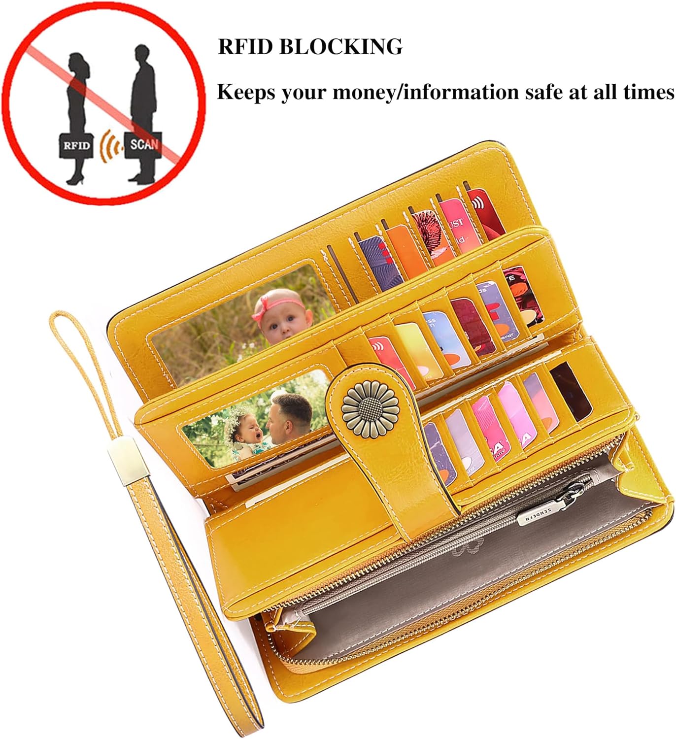 Custom Wristlet Wallet,Personalized Engraved Name Wallets with RFID Blocking Large Capacity Clutch Purse Credit Card Holder with Zipper Pocket for Women (Yellow) - Image 2