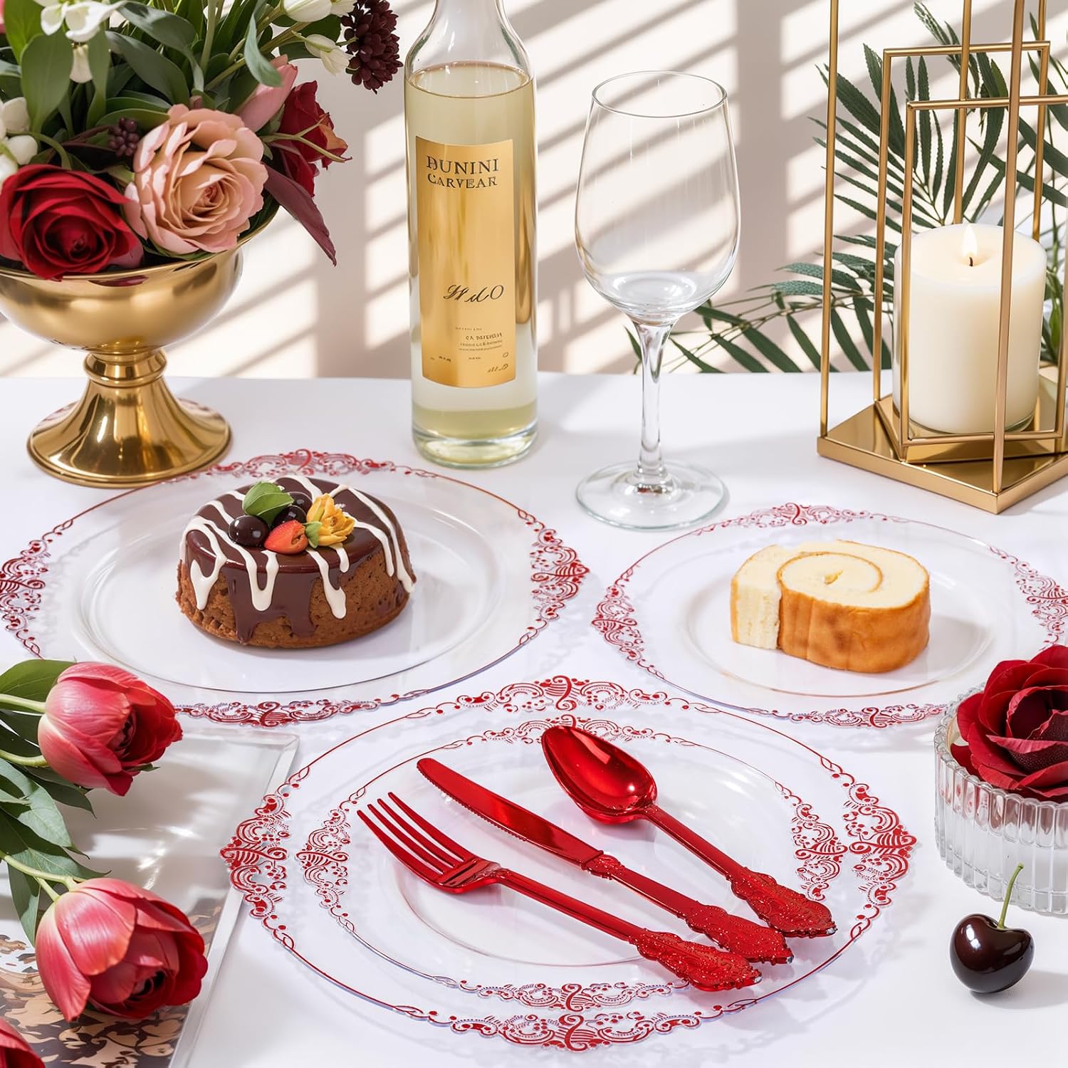 Nervure 100PCS Clear and Red Plastic Plates - Clear Red Disposable Plates Set, 50PCS 10.25" Dinner Plate & 50PCS 7.5" Dessert Plate Perfect for Wedding & Party