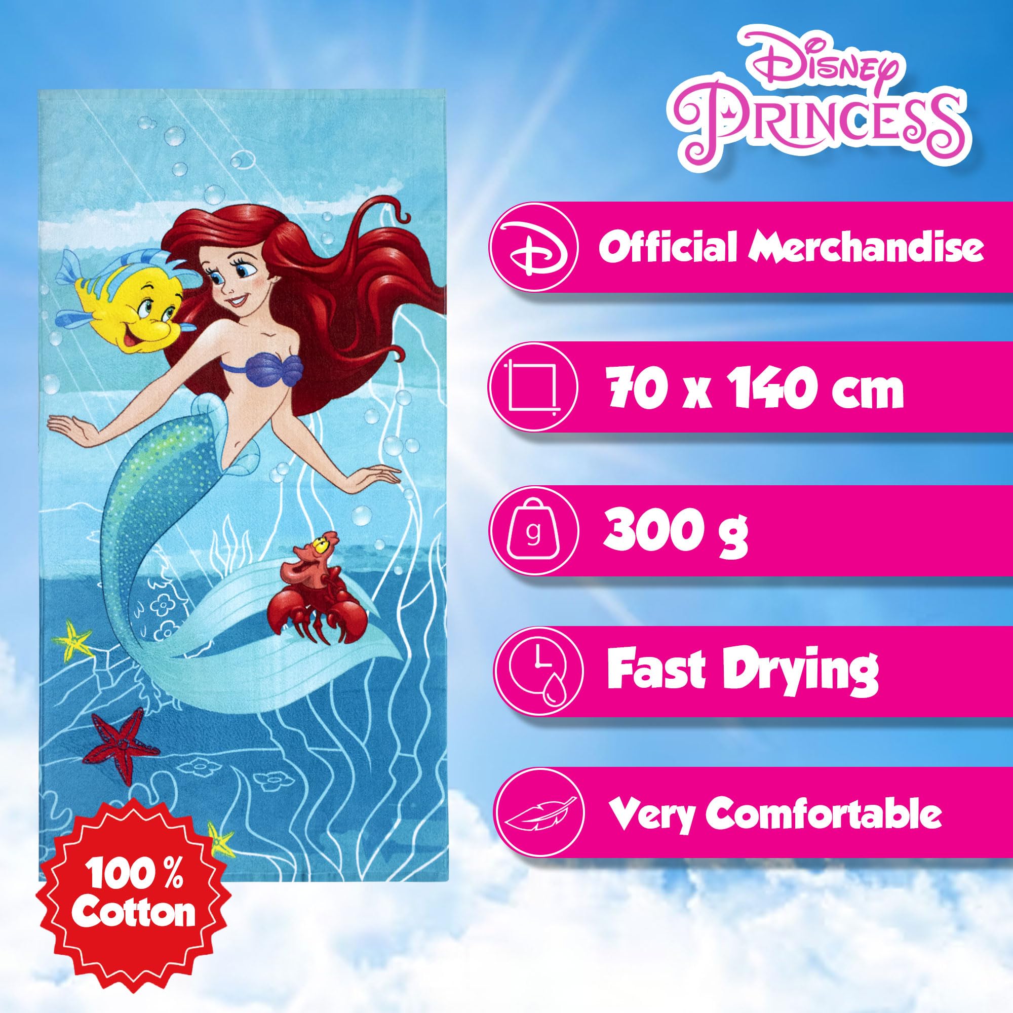 Jerry Fabrics Disney Arielle ręcznik kąpielowy, ręcznik plażowy, 70 x 140 cm