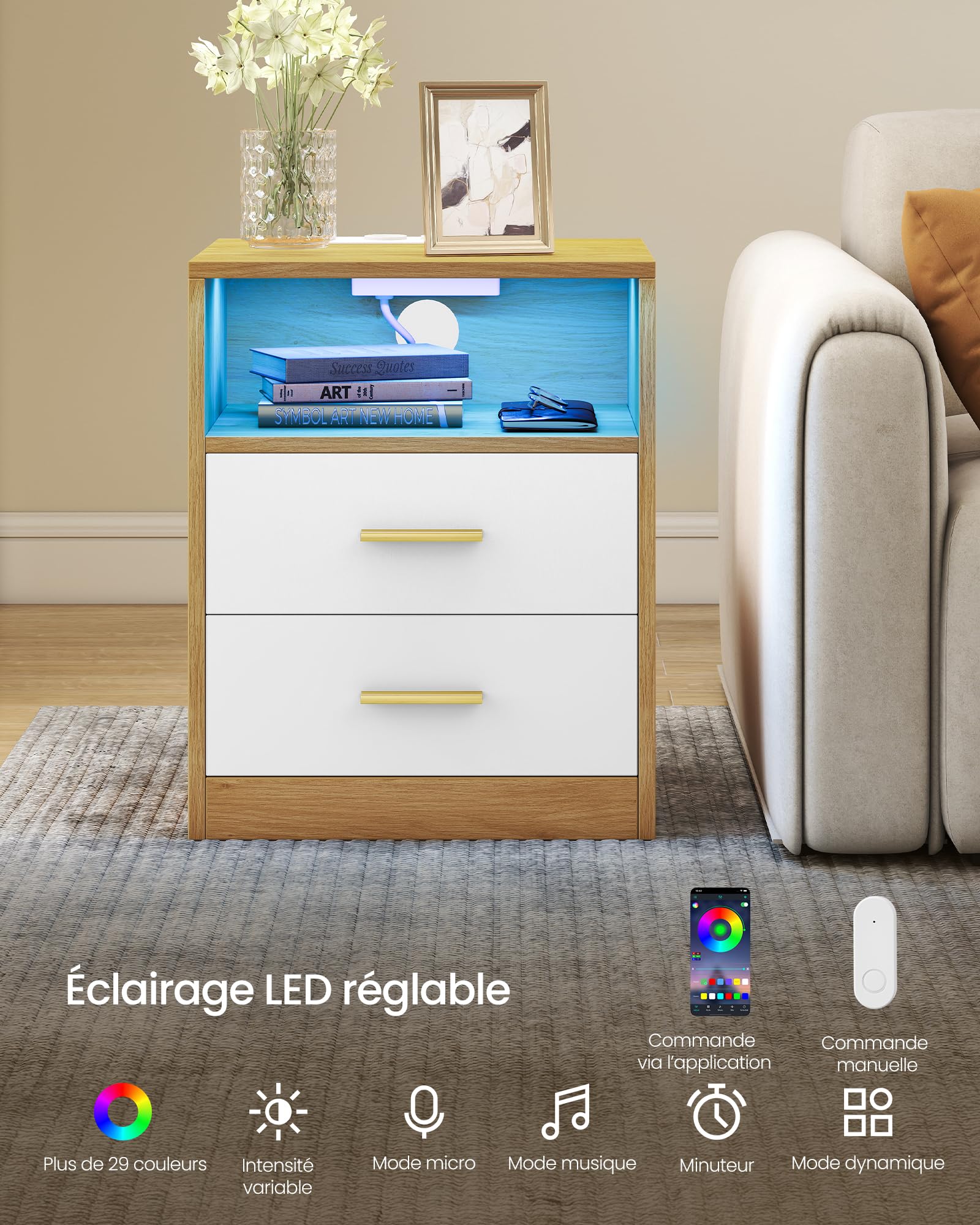 VASAGLE Custos Collection - Table de Chevet avec Multiprise, LED, Table d’Appoint avec Tiroirs, Compartiment Ouvert, 2 Prises CA, Ports USB, Jaune Paille et Blanc texturé LET829YD02