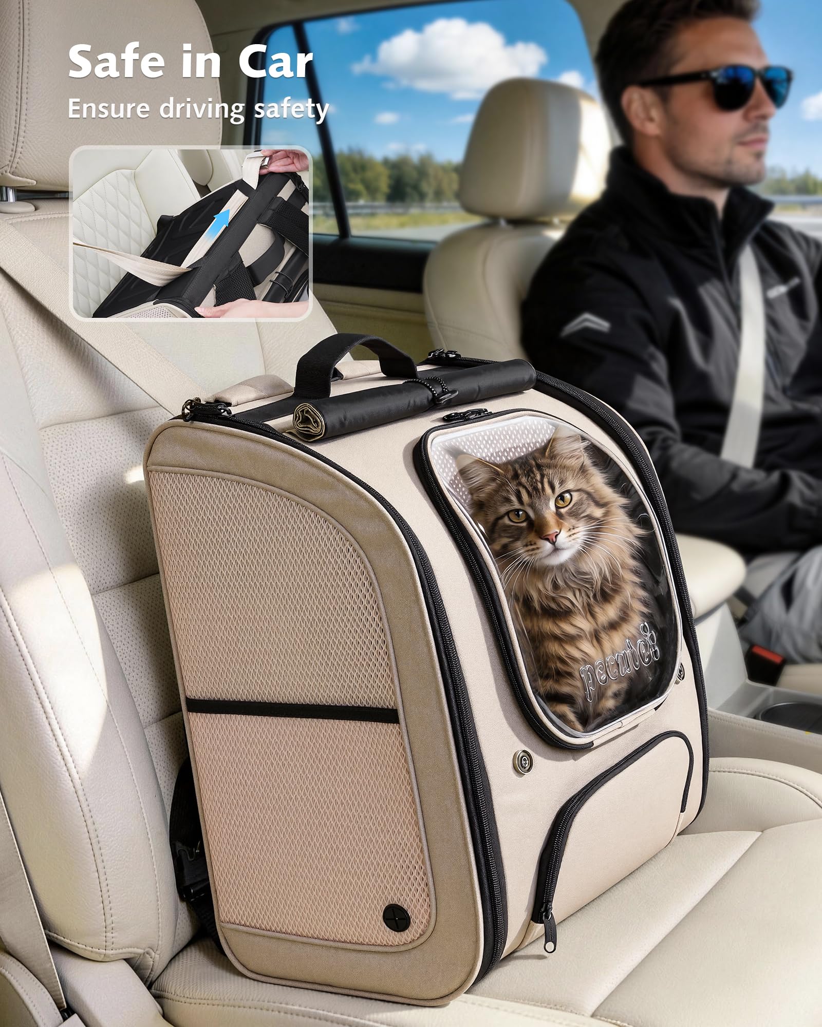 pecute Katzenrucksack Bubble Haustier Rucksack mit Netzfenster, Tragbare und Faltbare Katzentasche, Atmungsaktive und Leichte Hundetasche für Hunde Katzen Haustiere, Khaki (48 * 38 * 28cm)