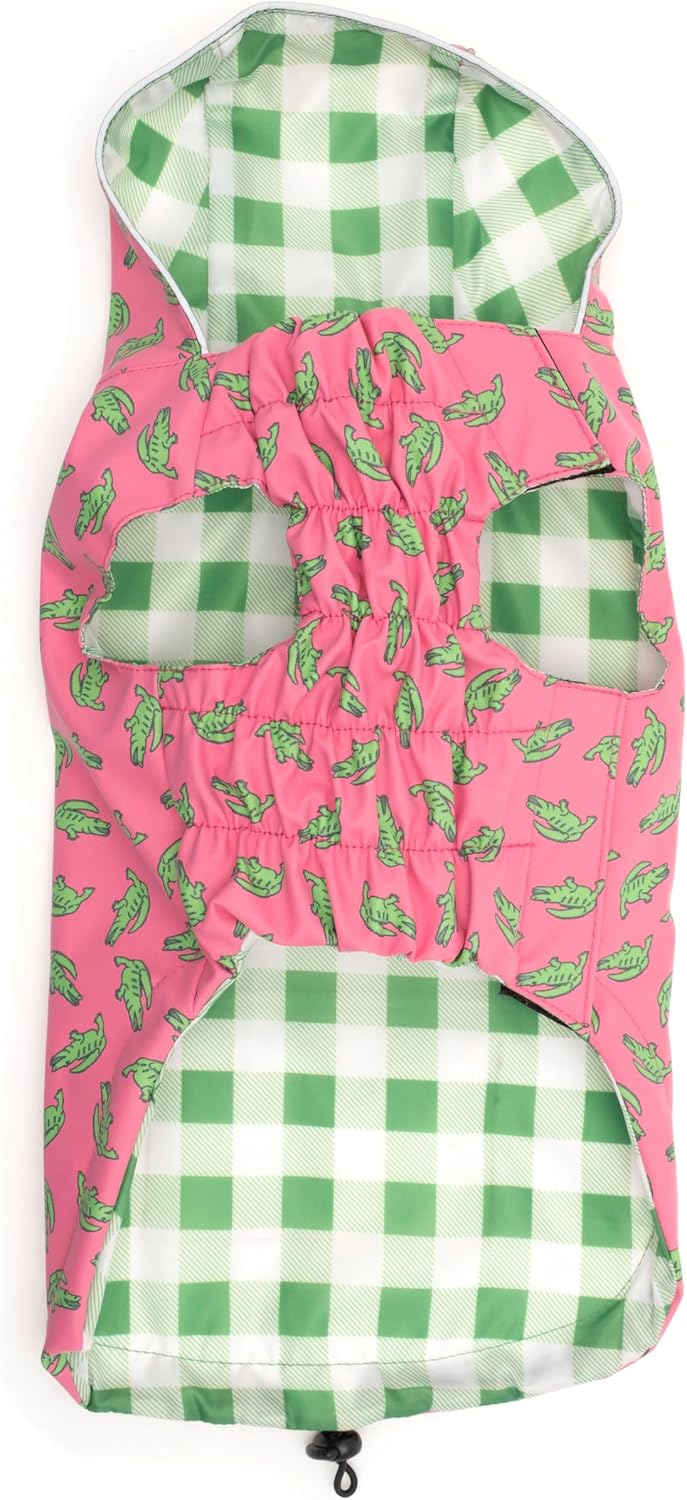 THE WORTHY DOG Pink Alligator London Raincoat – Lightweight Water-Resistant Dog Coat with Reflective Trim, Adjustable Fit, Hood Drawcord & Covered Harness Hole – Pink, Medium