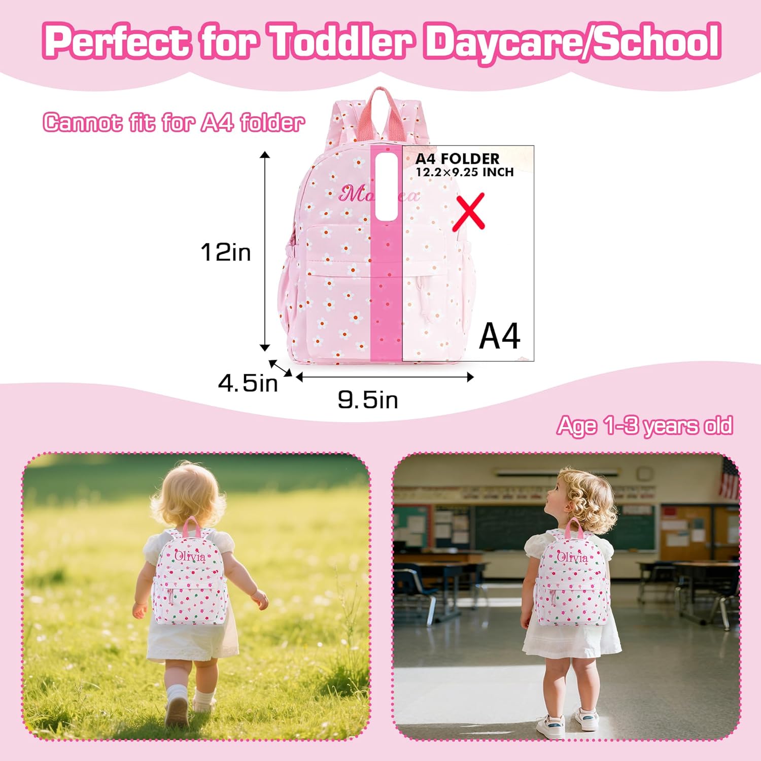 MT WORLD Daycare Backpack Personalized Small Backpack with Embroidered Name - Pink Travel Backpacks with Daisy Flower - Custom Diaper Daycare Bag for Overnight Travel Family Outings Birthday Gifts - Image 2
