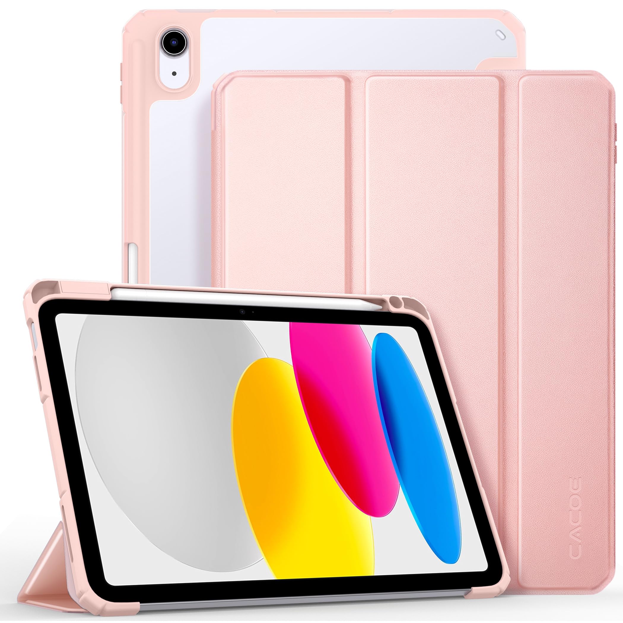 CACOE Custodia Cover Compatibile con iPad 10 generazione 2022, Ultra Sottile Retro Trasparente Cover con Portapenne, Oro Rosa