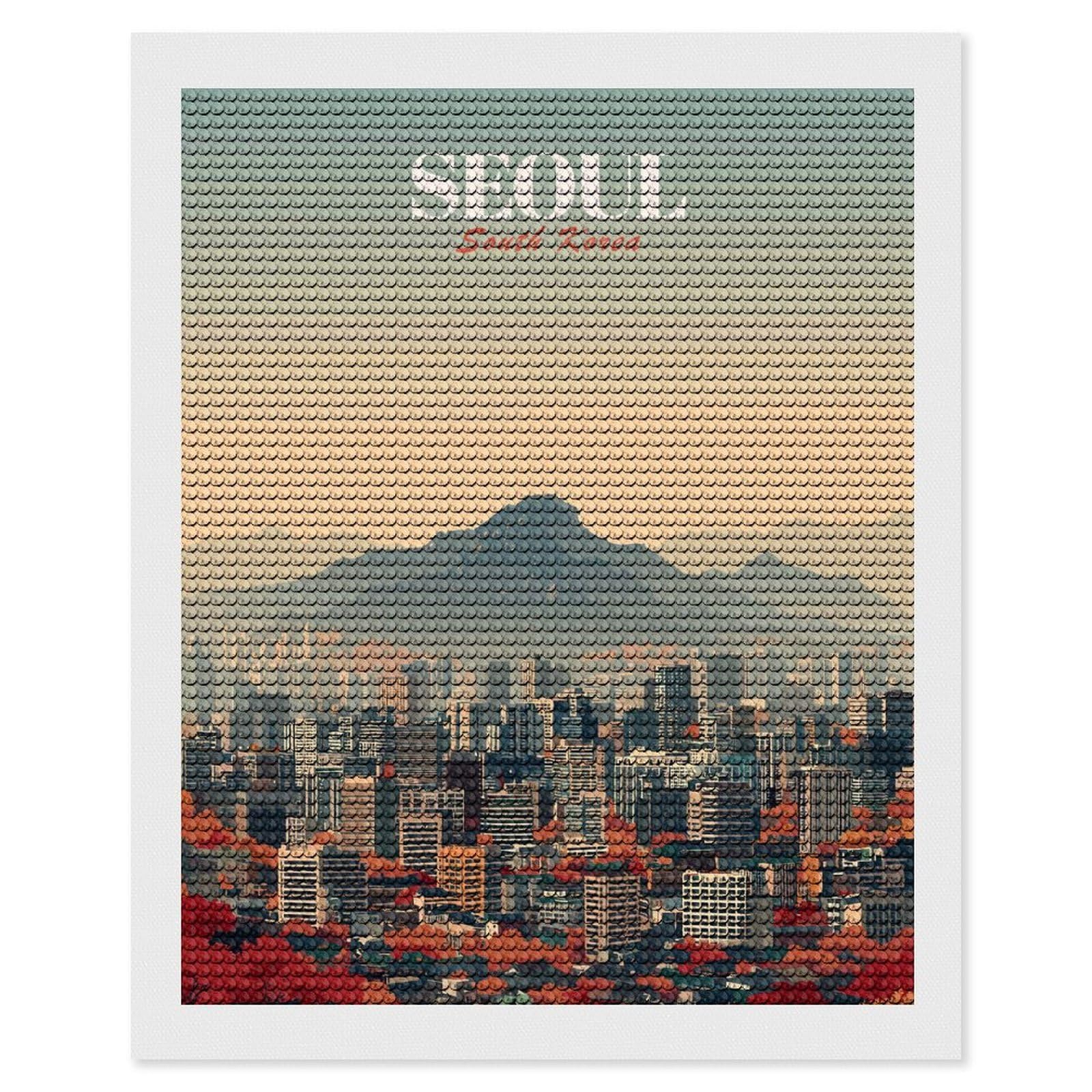 Junmoney Seoul South Korea Cityscape Round Drill Diamond Painting 16"x20", Satisfying Creative Project, Complete Accessories, Printed Canvas