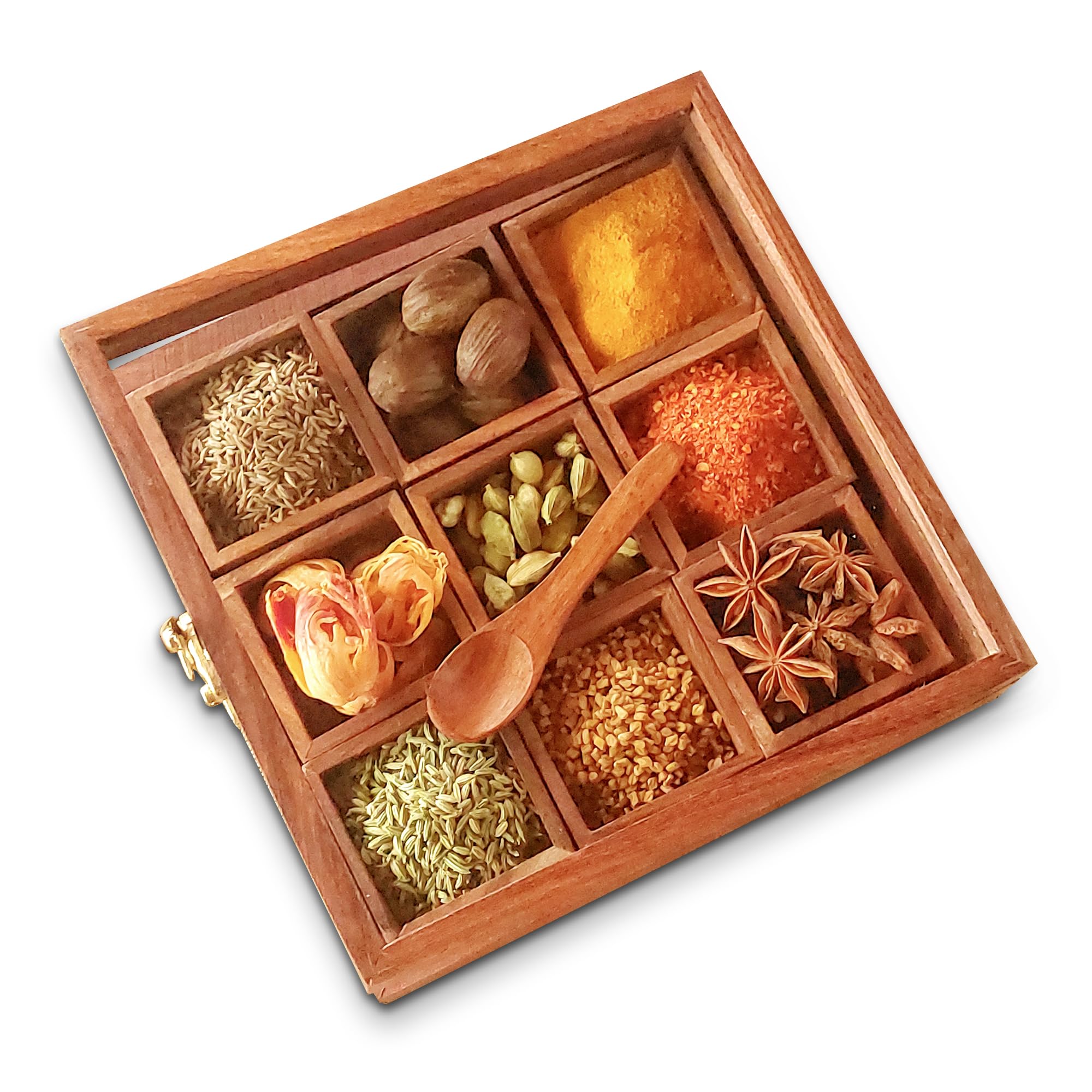 AMARA ARTISTRY Premium Sheesham Wooden Masala Box for Kitchen - Handmade Wooden Spice Box with Spoon | 9 Removable Containers | Masala Dabba, Wooden Jewelry Box