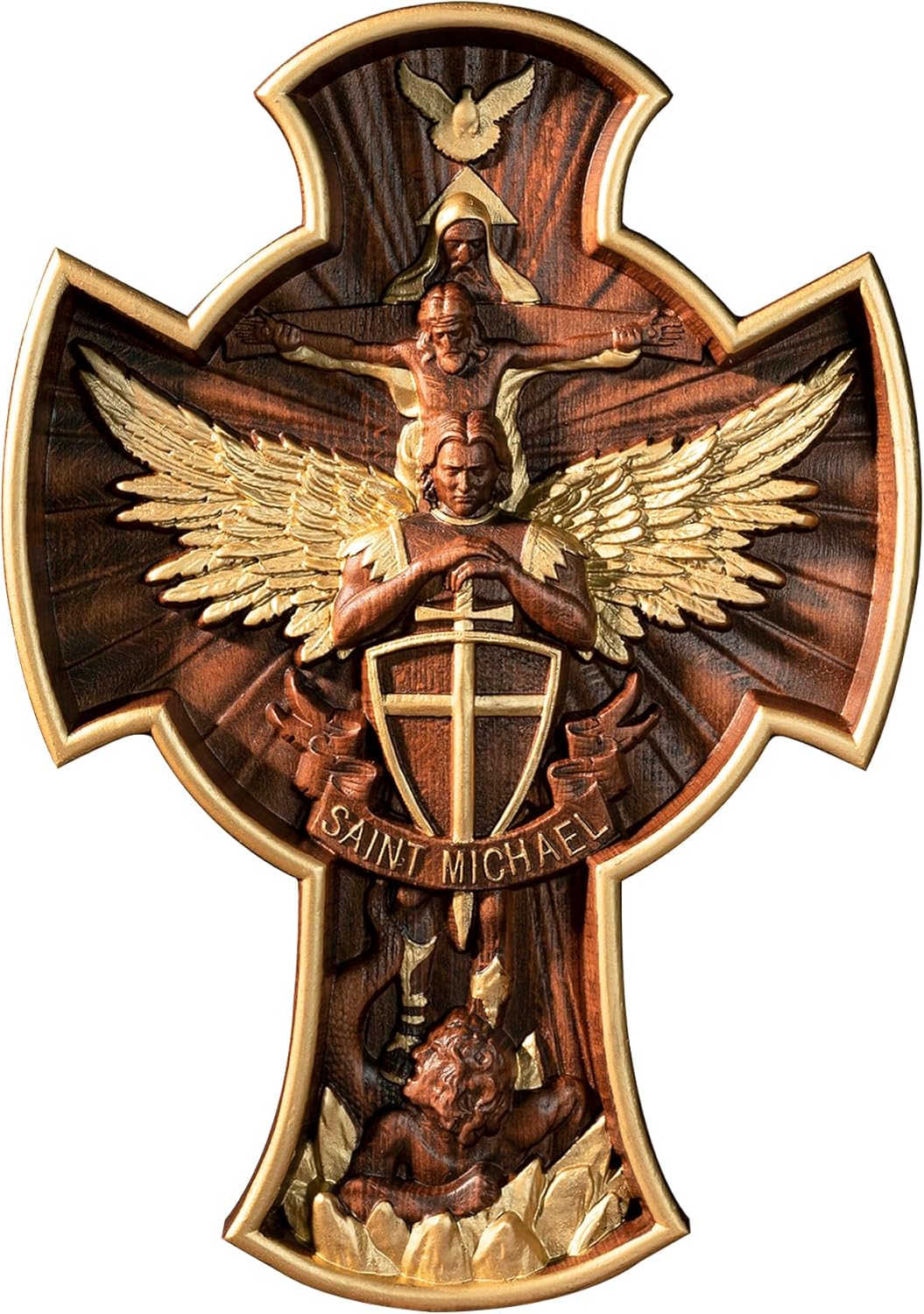 BGCOPPER Saint Michael Cross Wall Decor, Wooden Holy Trinity Crucifix Wall Cross, Jesus Cross for Wall Hanging Christmas Gift (10 Inch)