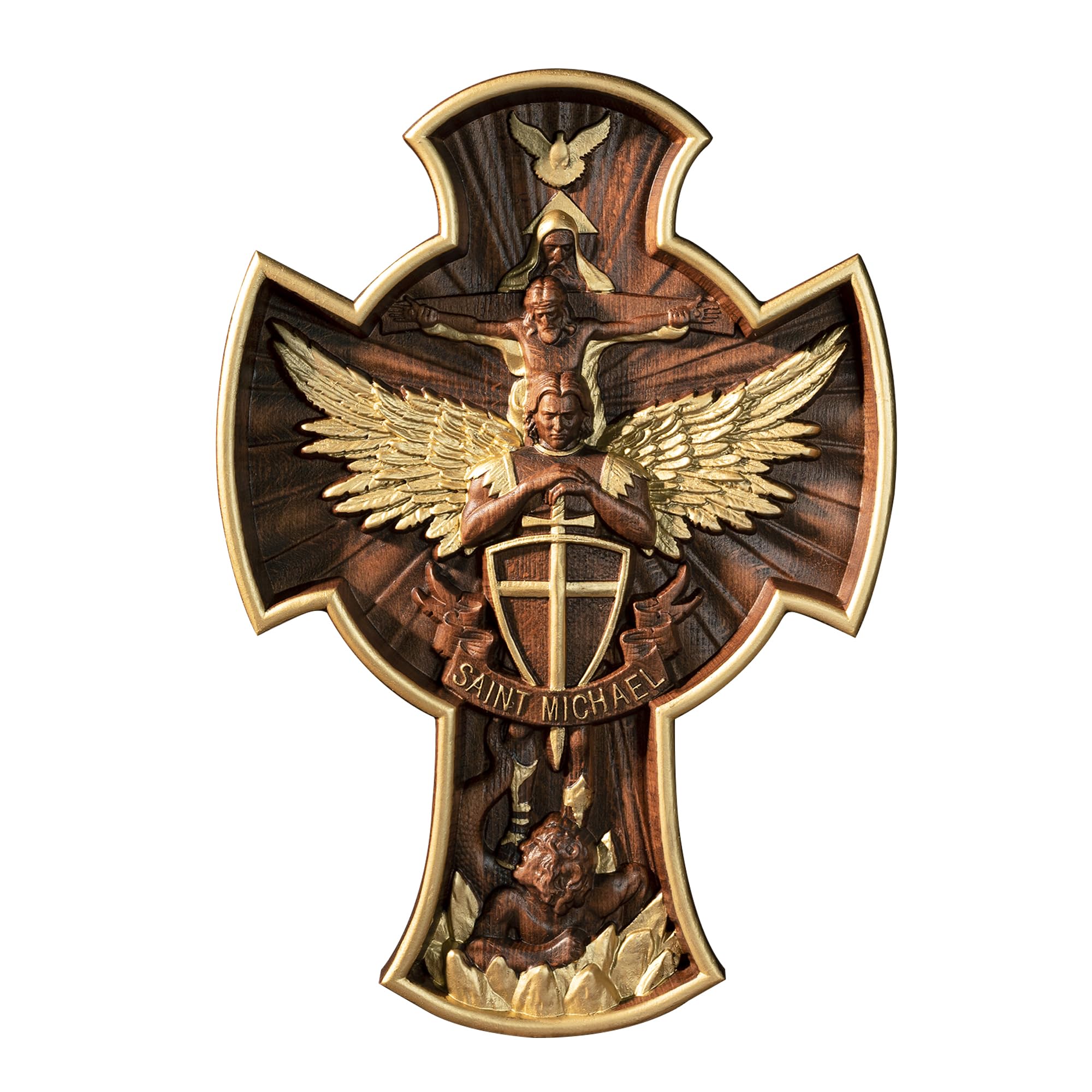 BGCOPPER Saint Michael Cross Wall Decor, Wooden Holy Trinity Crucifix Wall Cross, Jesus Cross for Wall Hanging Christmas Gift (10 Inch)