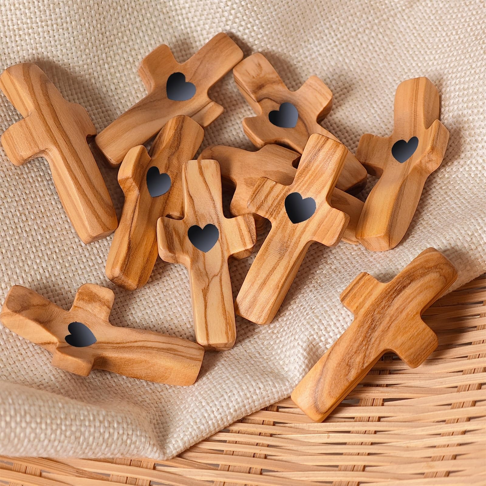 Cruz de Madera Hecha a Mano "Mi Corazón", Regalos para Aliviar el Estrés con los Dedos, Rezo Orar Ánimo Cruz Pequeña de Bolsillo para Adultos Que Rezan, Se Aferran y Se Aferran(Black heart - B(3PC))