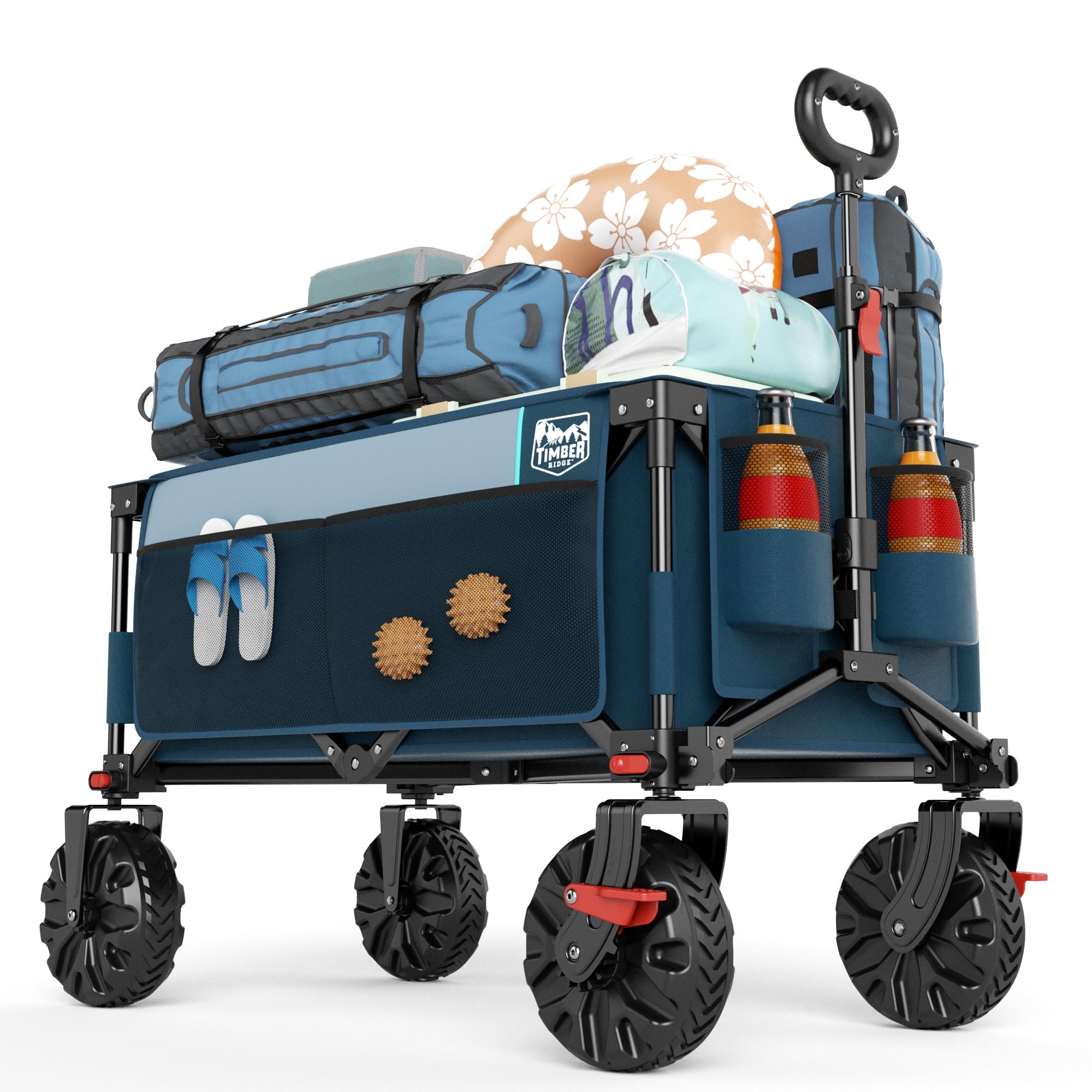 Timber Ridge Collapsible Wagon with Brakes Utility Folding Cart Heavy Duty All Terrain Wheels for Outdoor Shopping Camping Sports Garden with Side Bag and Cup Holders, Blue
