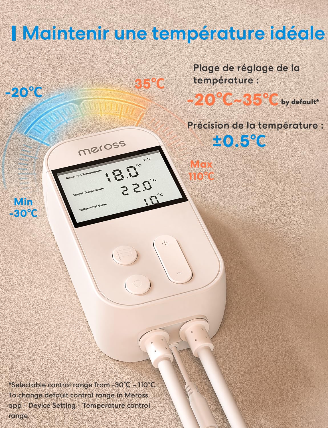 Meross Prise Thermostat Connectée WiFi pour Reptile Terrarium, ±0.5°C avec Sonde IP68, Régulateur Chauffage Refroidissement Compatible HomeKit Alexa, Contrôle à Distance pour Incubateur Serre