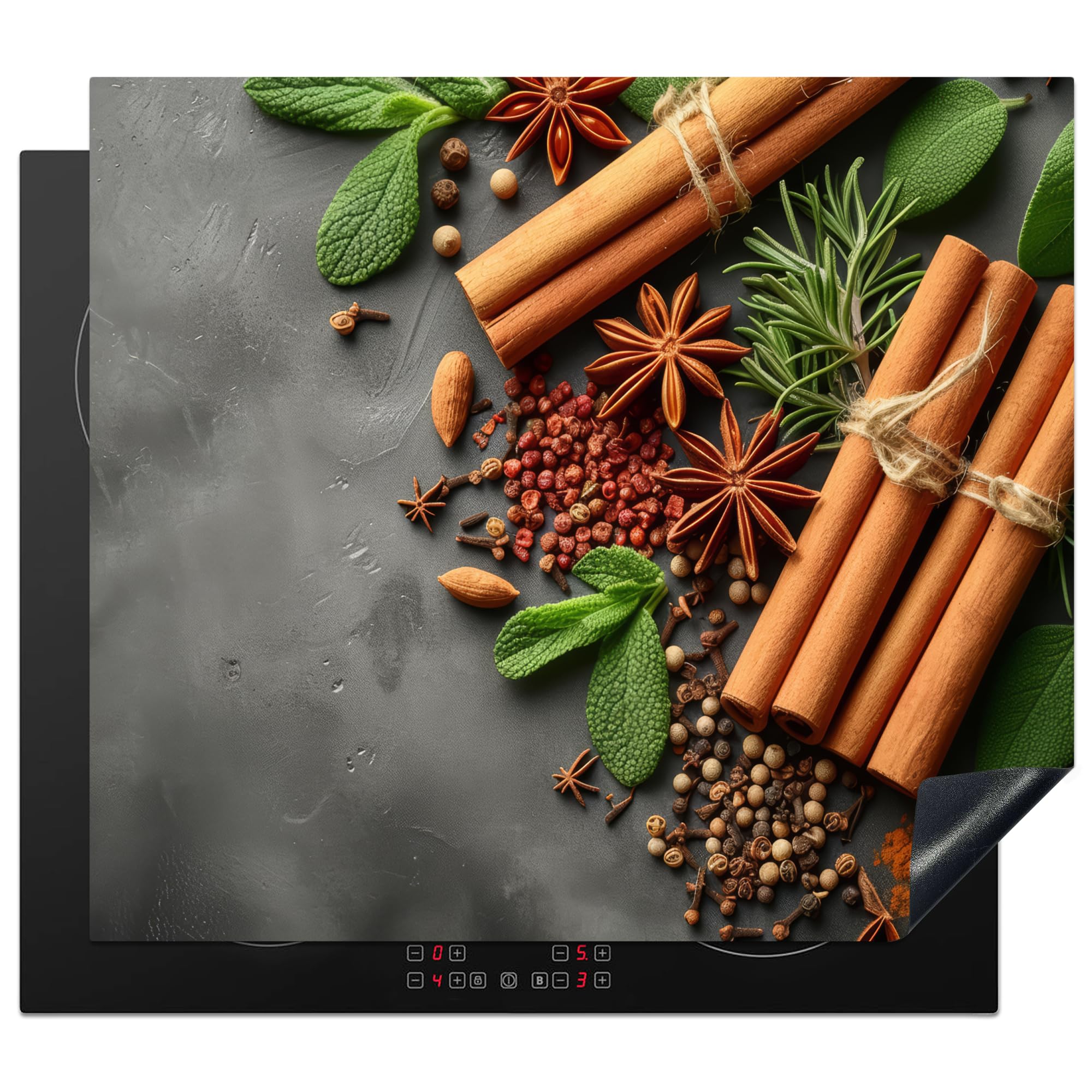 KitchenYeah© Induction Hob Cover Protector Mat 20.5"x23.2" / 59x52 cm Kitchen Universal Ceramic Covers for Electric Cookers Vinyl Cinnamon - Spices - Concrete - Leaves - Cuisine — image 1