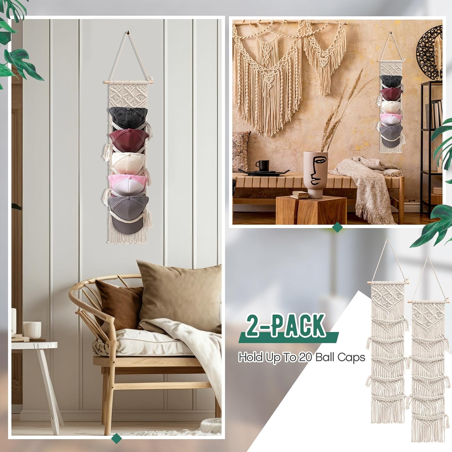 Wonderjune 2 Pcs Baseball Cap Holder, Boho Macrame Hat Organizer for Wall, over the Door Hat Rack for Decoration and Display Handmade Hanger for Baseball Holder up to 20 Caps(White)