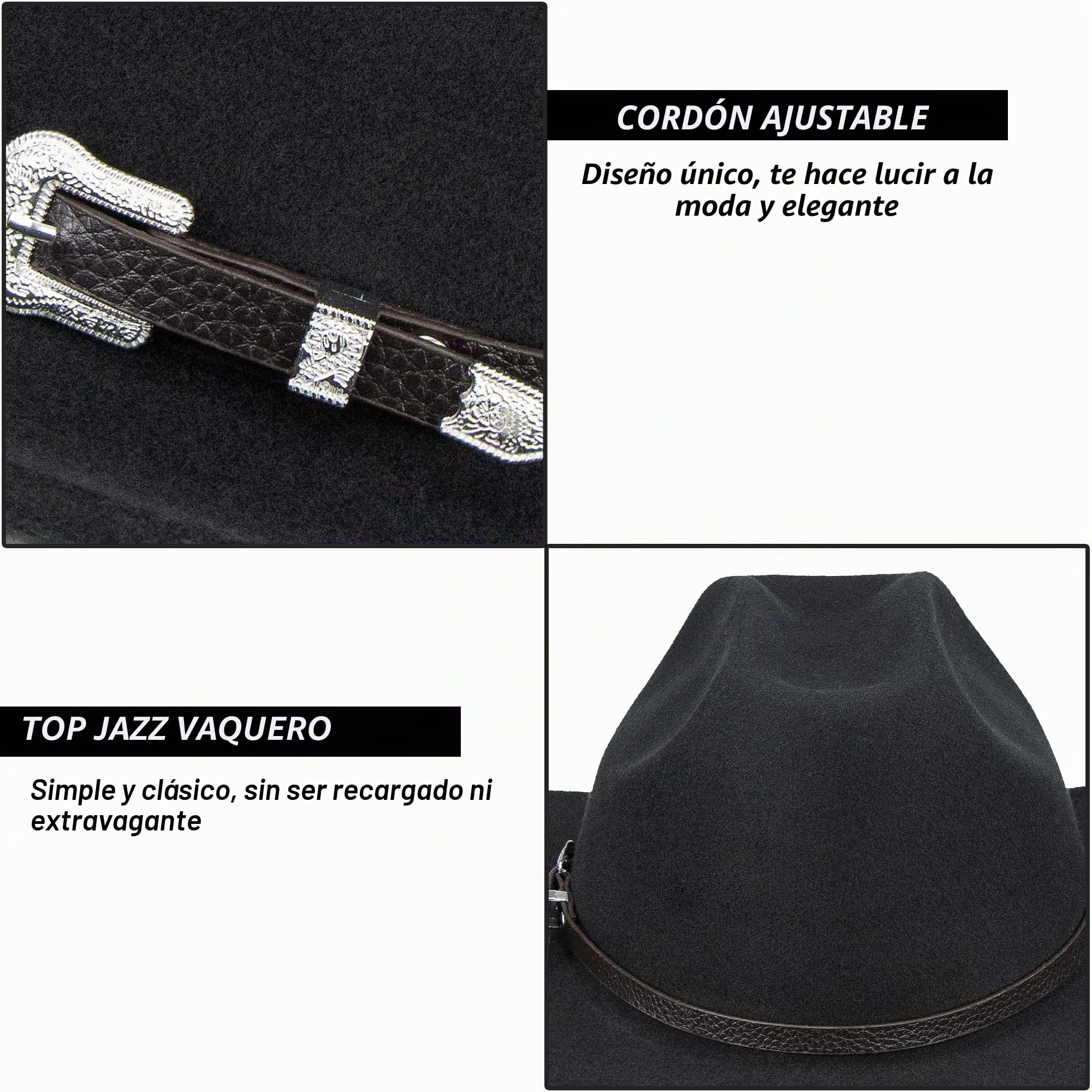 Sombreros de Vaquero Occidental clásicos de Fieltro para Mujer, Sombrero de Jazz de ala Ancha con cinturón de Hebilla (Lagre), Negro -, Large