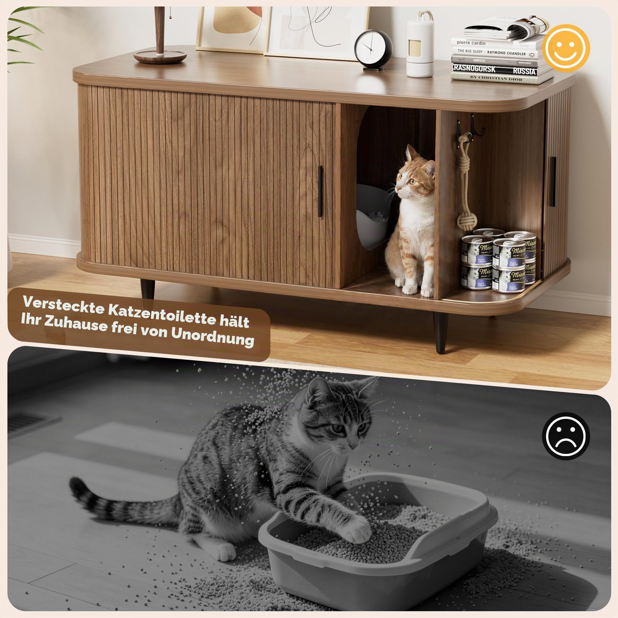 BACEKOLL Katzenklo Schrank mit Rollo-Tür Design, Mid-Century Katzenschrank Holz für große Katzen, Versteckte Katzentoilette mit Stauraum & stabilen Metallbeinen, 105 x 50 x 58 cm, Walnuss